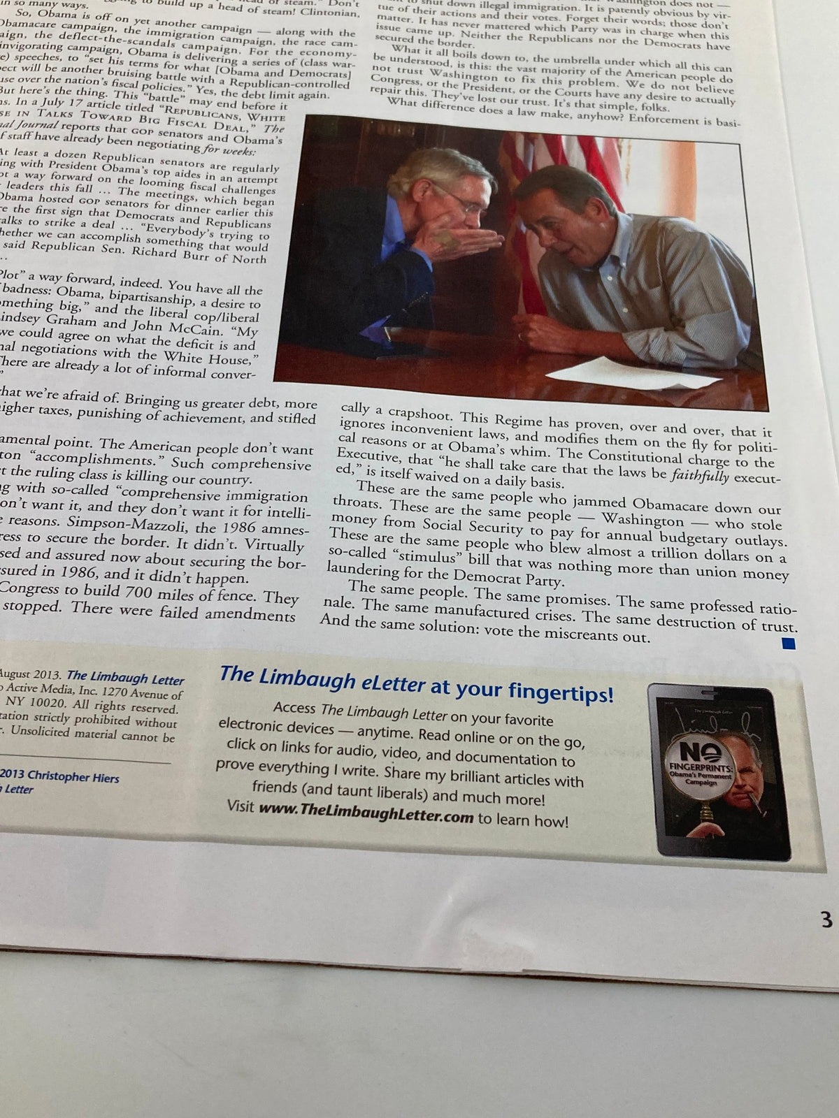 Inside page of the Rush Limbaugh Letter Newsletter Magazine August 2013, featuring a discussion about political perspectives. The content highlights conservative viewpoints relevant to the magazine's theme 'We Don't Trust Washington'.