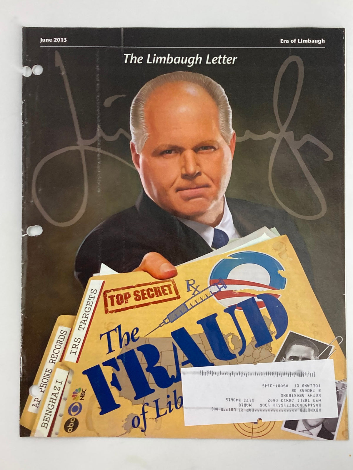 Rush Limbaugh Letter Newsletter Magazine from June 2013 featuring a cover image with Limbaugh's signature, emphasizing themes of political commentary and notable figures like Vladimir Putin and Barack Obama.