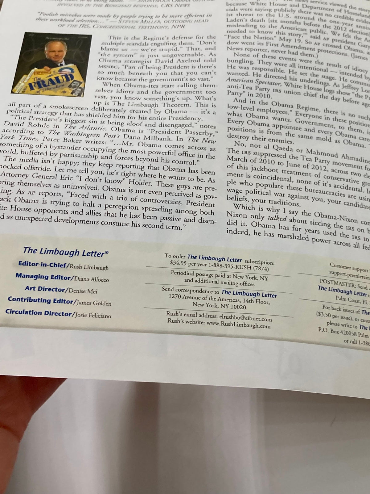 Interior page of the Rush Limbaugh Letter Newsletter Magazine from June 2013, displaying article excerpts and layout indicative of its political analysis on significant global events, including insights on Barack Obama.