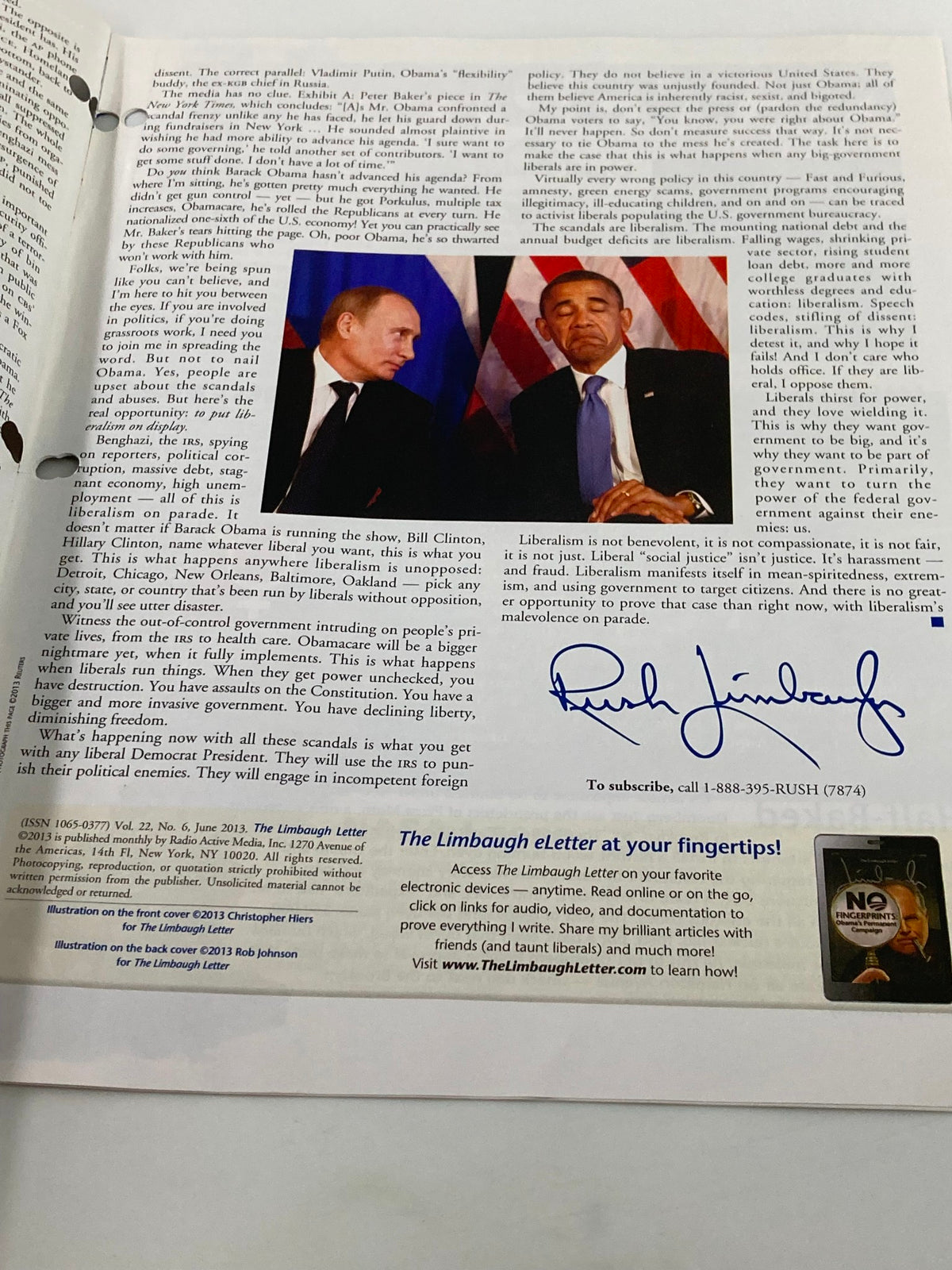 Rush Limbaugh Letter Newsletter Magazine June 2013 featuring Vladimir Putin and Barack Obama, showcasing a side-by-side image of the two political figures during a discussion, highlighting the political climate of the era.
