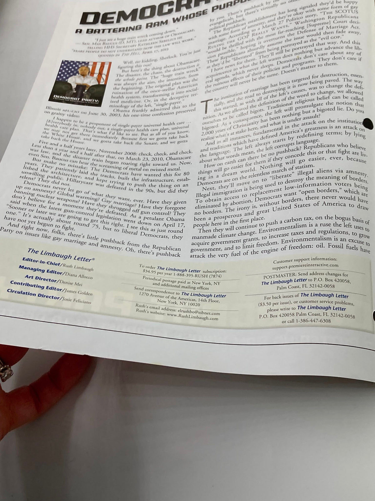 Interior page of the Rush Limbaugh Letter Newsletter Magazine May 2013 displaying an article titled 'Democrats: A Battering Ram Whose Purpose is Destruction.'