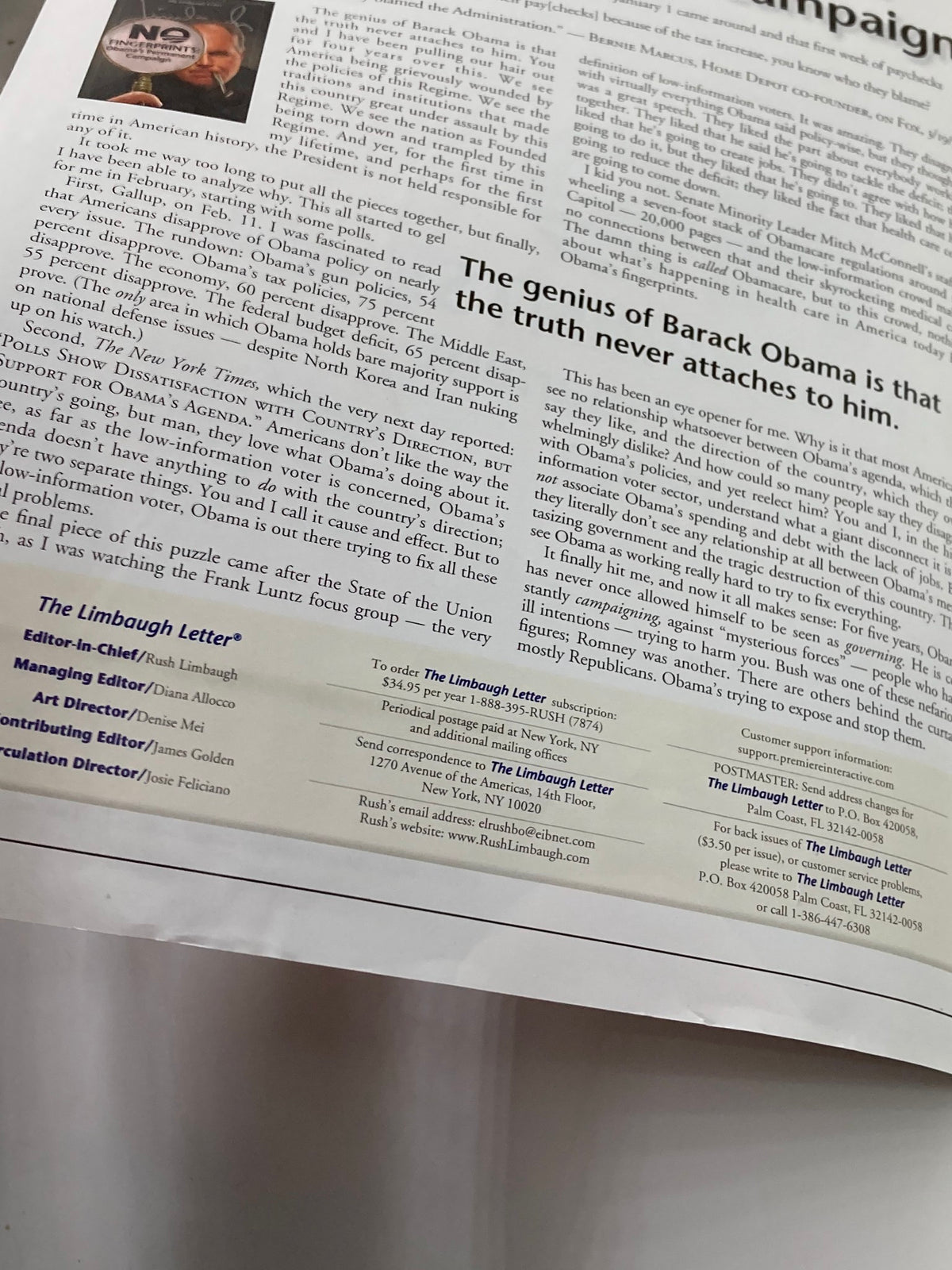 Interior page of the Rush Limbaugh Letter Newsletter Magazine April 2013, showcasing commentary on Barack Obama with the quote: 'The Genius of Barack Obama is that the truth never attaches to him.'