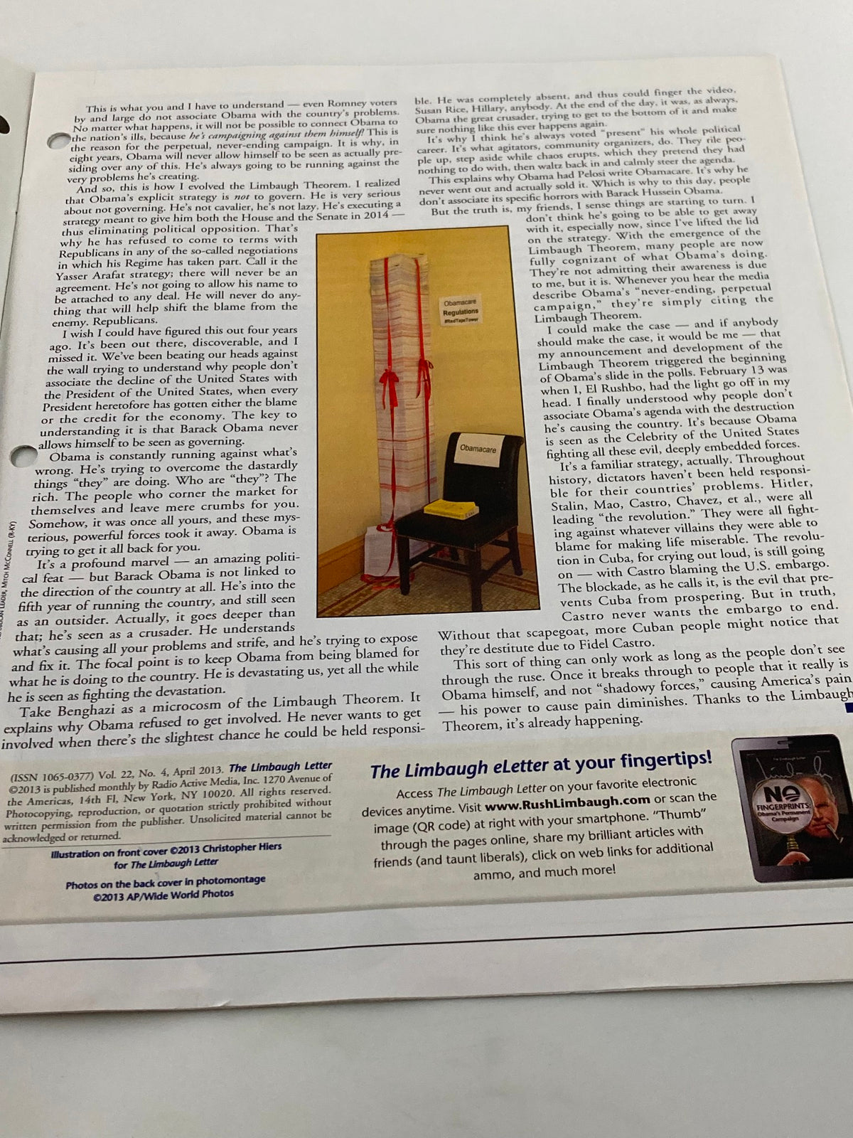 Page from the Rush Limbaugh Letter Newsletter Magazine April 2013 showcasing an article with a commentary on political strategies during Obama's Permanent Campaign.