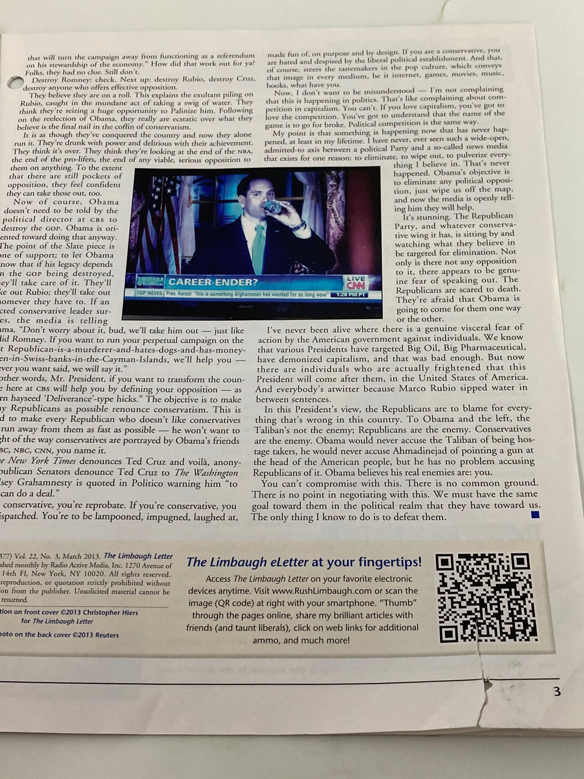 Rush Limbaugh Letter Newsletter Magazine March 2013 page displaying a commentary video still and text discussing the political landscape, focusing on issues relevant to conservatism.