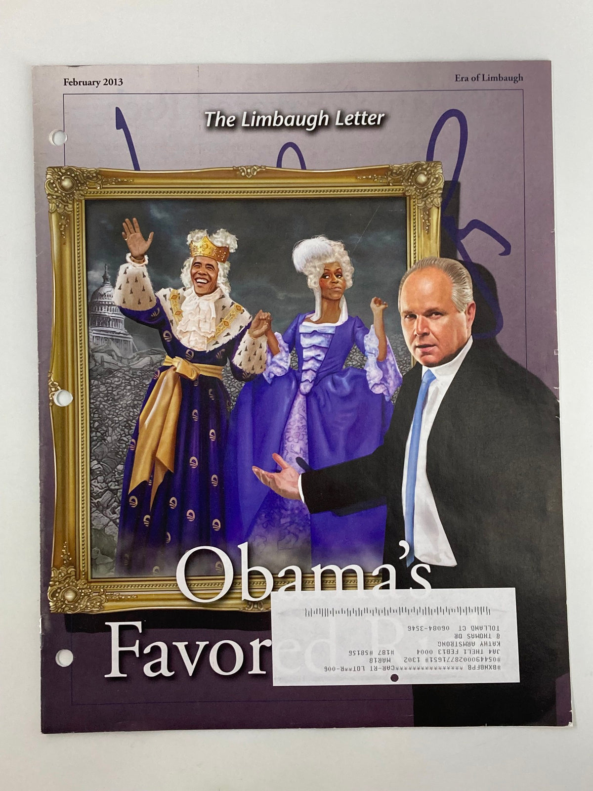 Rush Limbaugh Letters Newsletter - February 2013 cover featuring a political commentary on 'Obama's Favored Rich' with illustrations of historical figures.