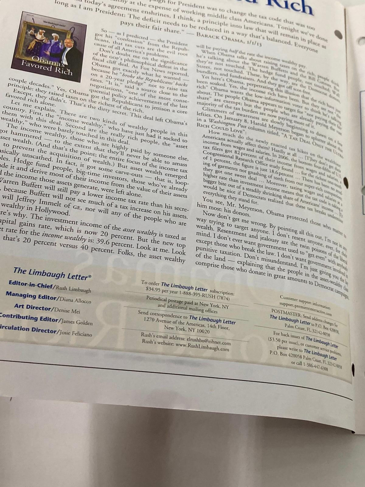 Inside page of Rush Limbaugh Letters Newsletter - February 2013 discussing the implications of wealth under the Obama administration.