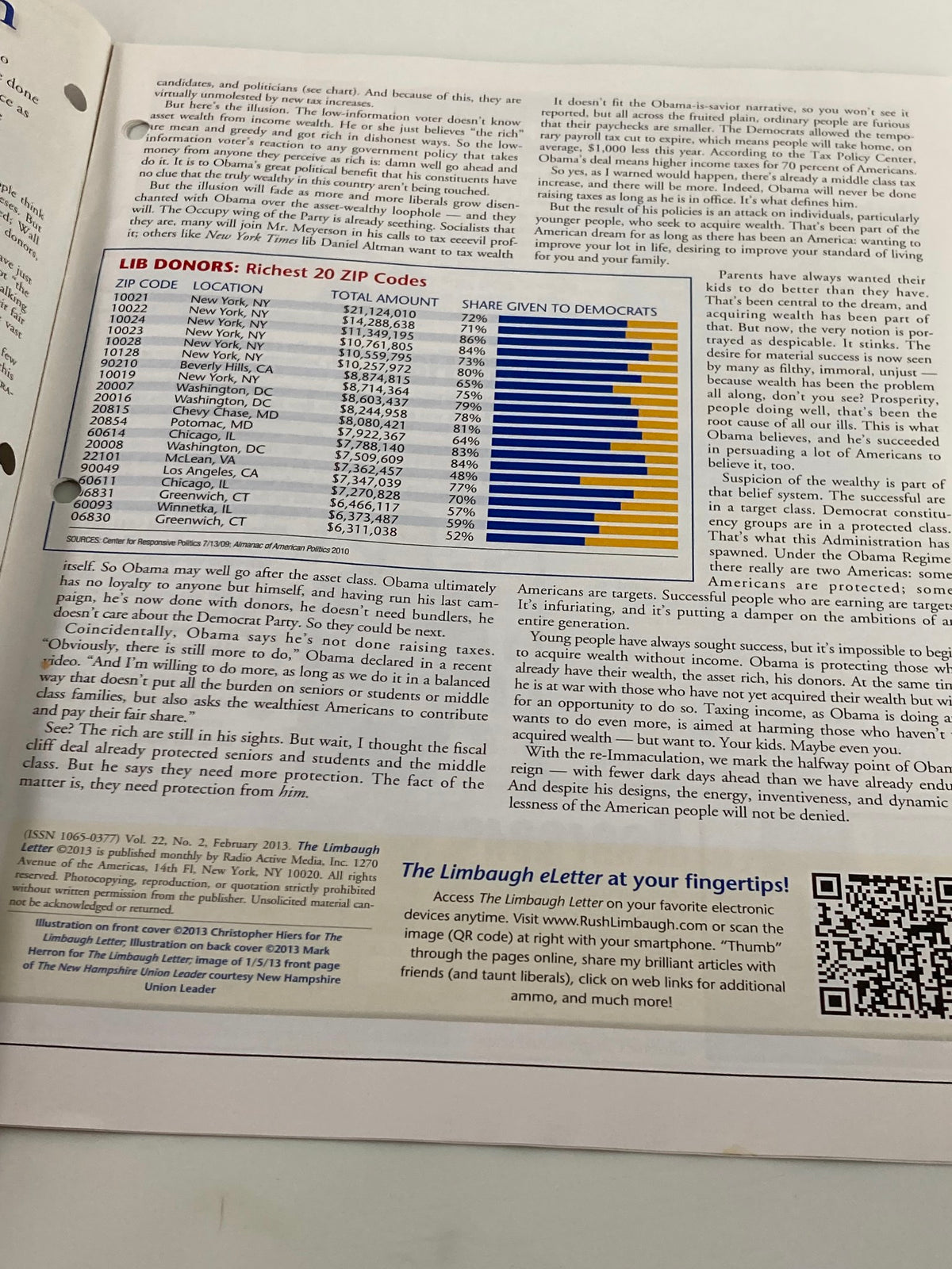 Another inside page of Rush Limbaugh Letters Newsletter - February 2013 showcasing data on political donations from the richest ZIP codes.