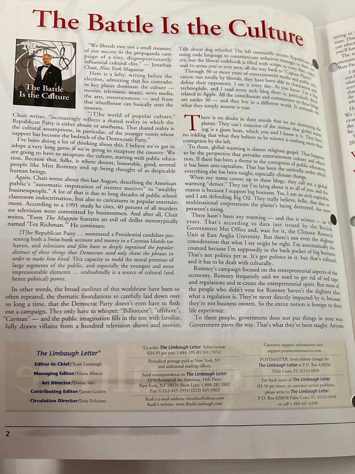 Inside page of the Rush Limbaugh Letter January 2013 discussing cultural battles of the time, titled 'The Battle is the Culture'.