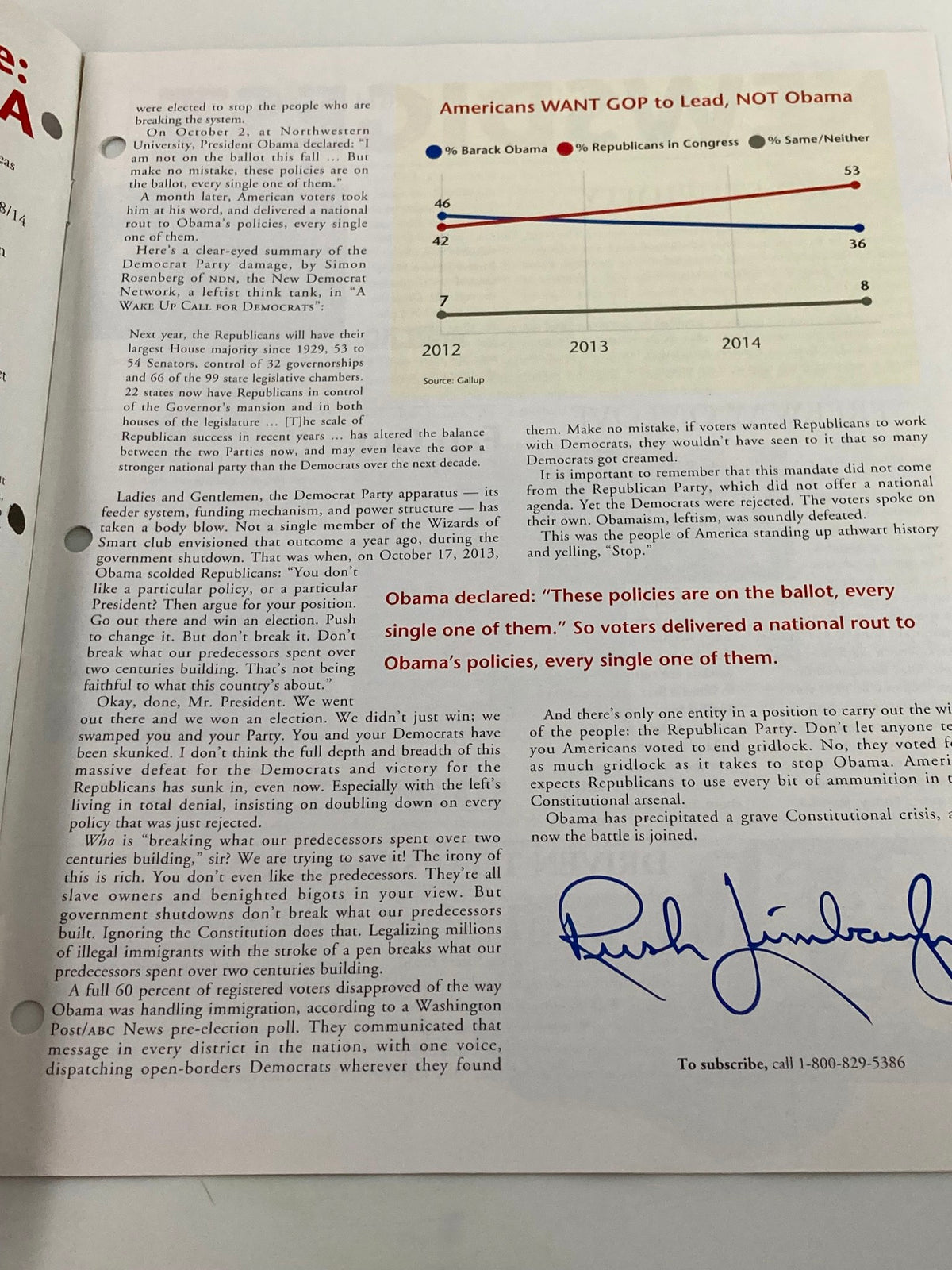 Page from Rush Limbaugh Letter Newsletter Magazine December 2014 featuring analysis on Republican Party leadership and public opinion on President Obama.