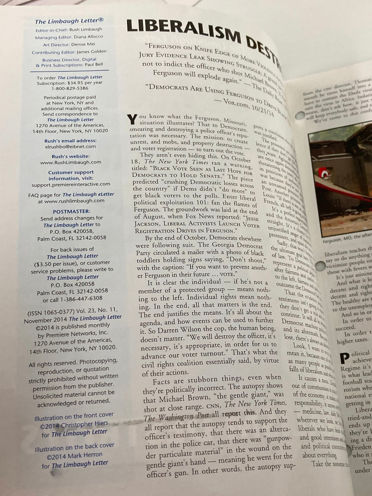 Interior page of the Rush Limbaugh Letter Newsletter Magazine November 2014 discussing 'LIBERALISM DESTROYED' with text and analysis relevant to the political climate of the time.