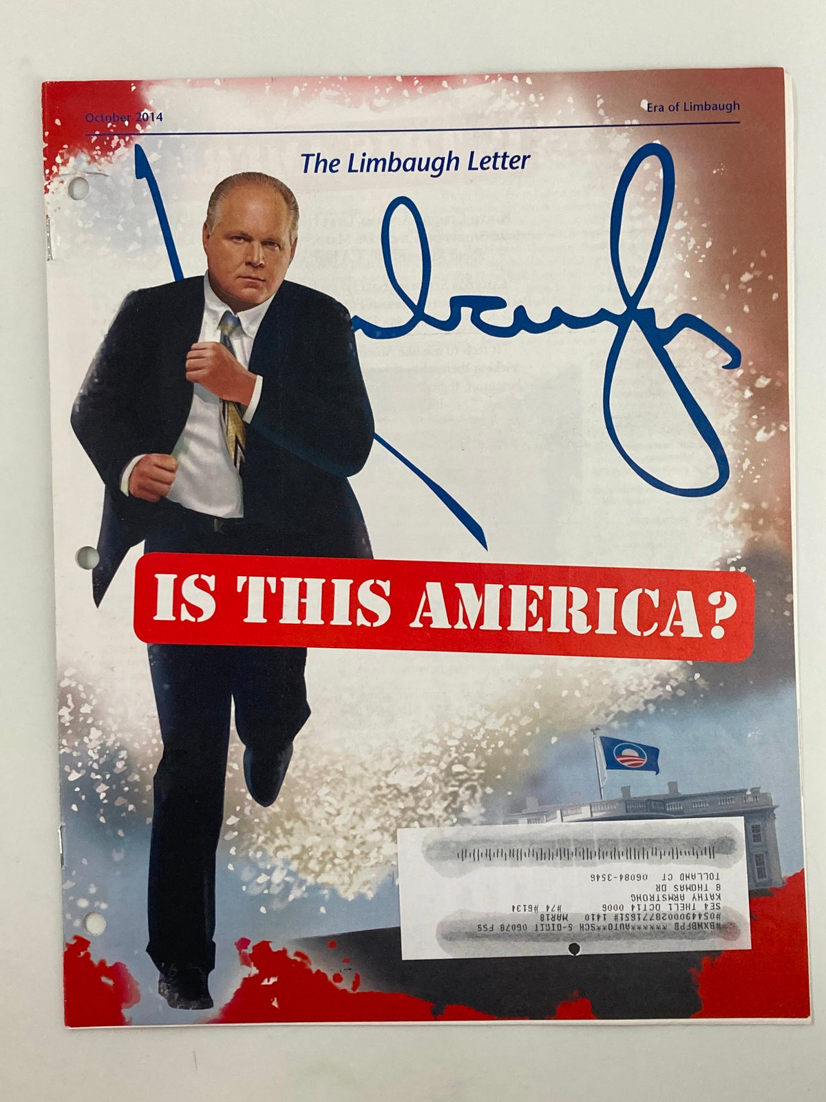Rush Limbaugh Letter Newsletter Magazine October 2014 cover featuring an illustration of Rush Limbaugh running, titled 'Is This America?'. The image shows the magazine cover's design and colors relevant to its publication.