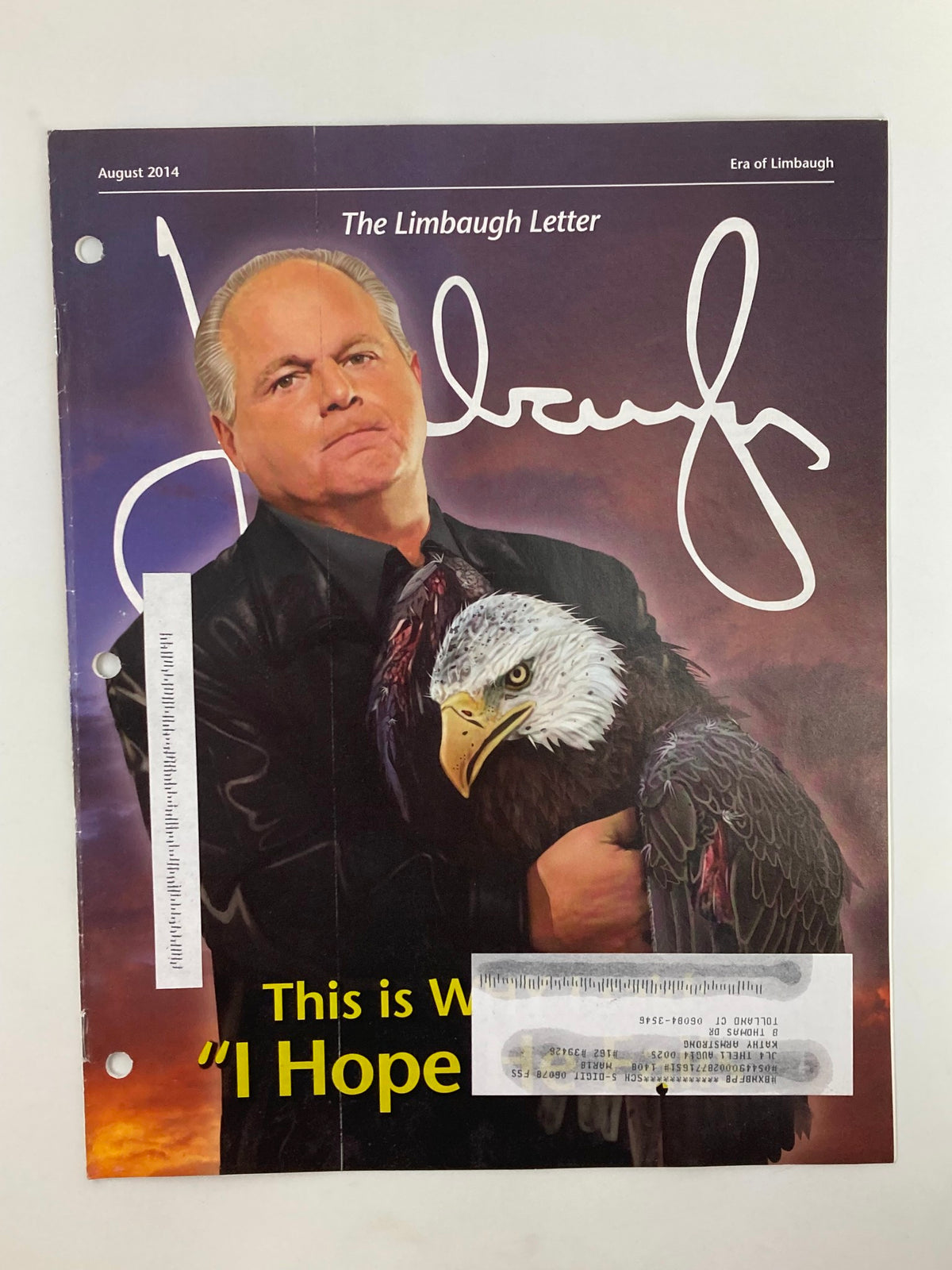 Rush Limbaugh Letter Newsletter Magazine August 2014 cover featuring Rush Limbaugh holding an eagle, with the title 'I Hope He Fails' prominently displayed.
