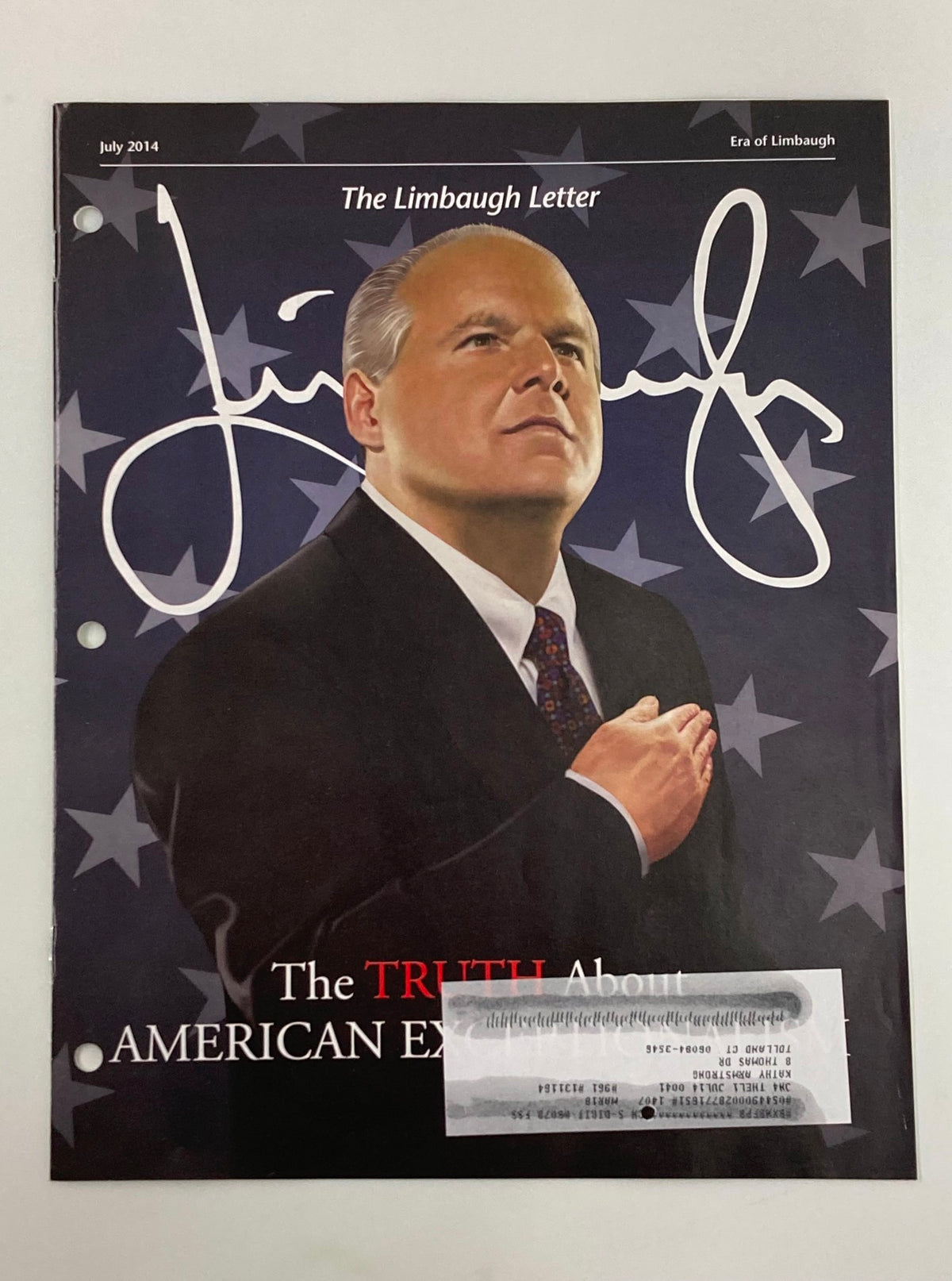 Cover of the Rush Limbaugh Letter Newsletter Magazine from July 2014 featuring a portrait of Rush Limbaugh. The magazine discusses the theme of American Exceptionalism.