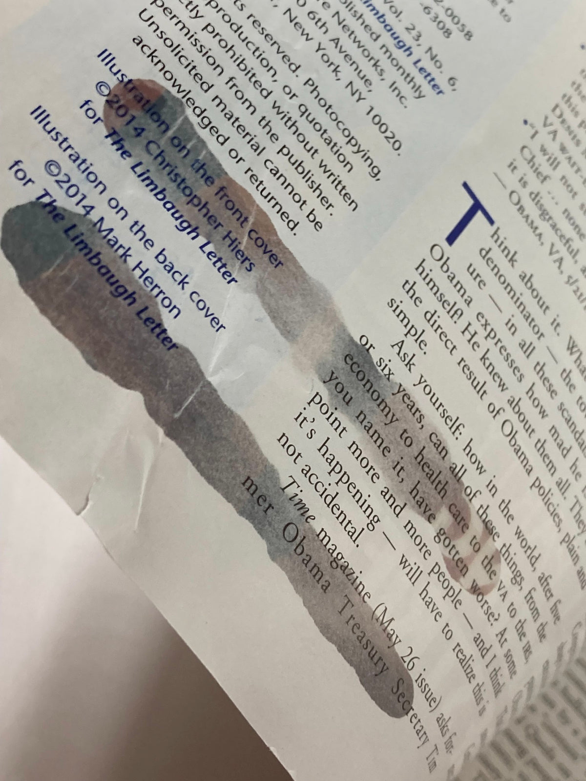 Close-up of a page from the Rush Limbaugh Letter Newsletter Magazine June 2014, featuring an illustration and political commentary.