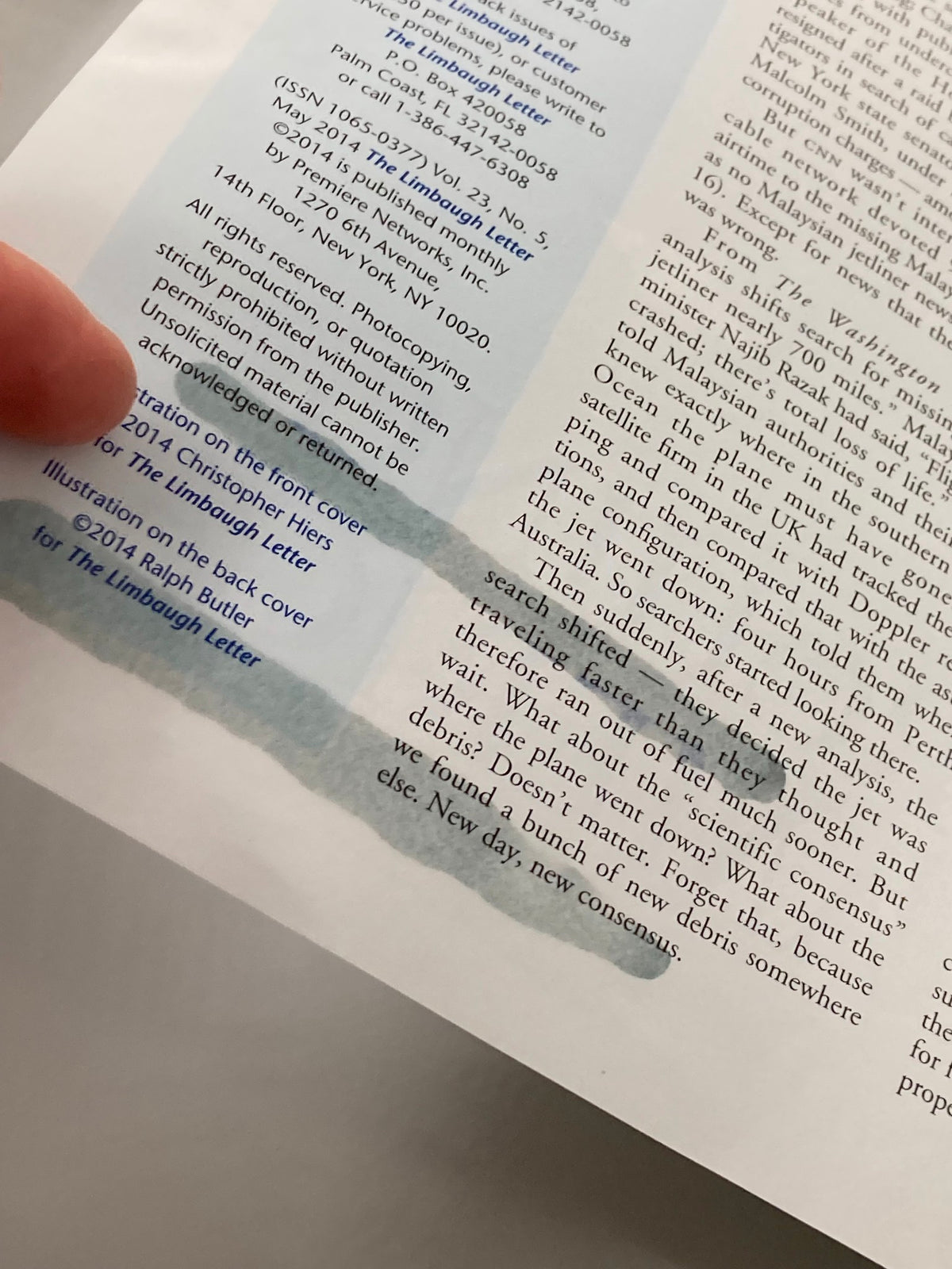 Rush Limbaugh Letter Newsletter Magazine May 2014 page with detailed text and contact information, part of the issue 'Searching for America'.