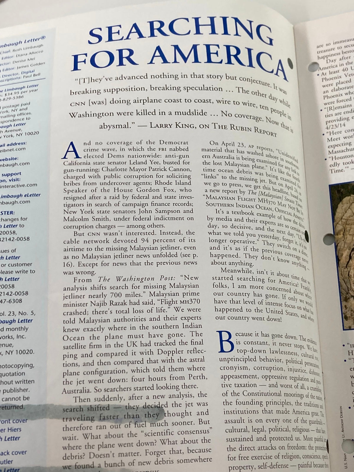 Inside page of the Rush Limbaugh Letter Newsletter Magazine May 2014, displaying a feature article titled 'Searching for America'.