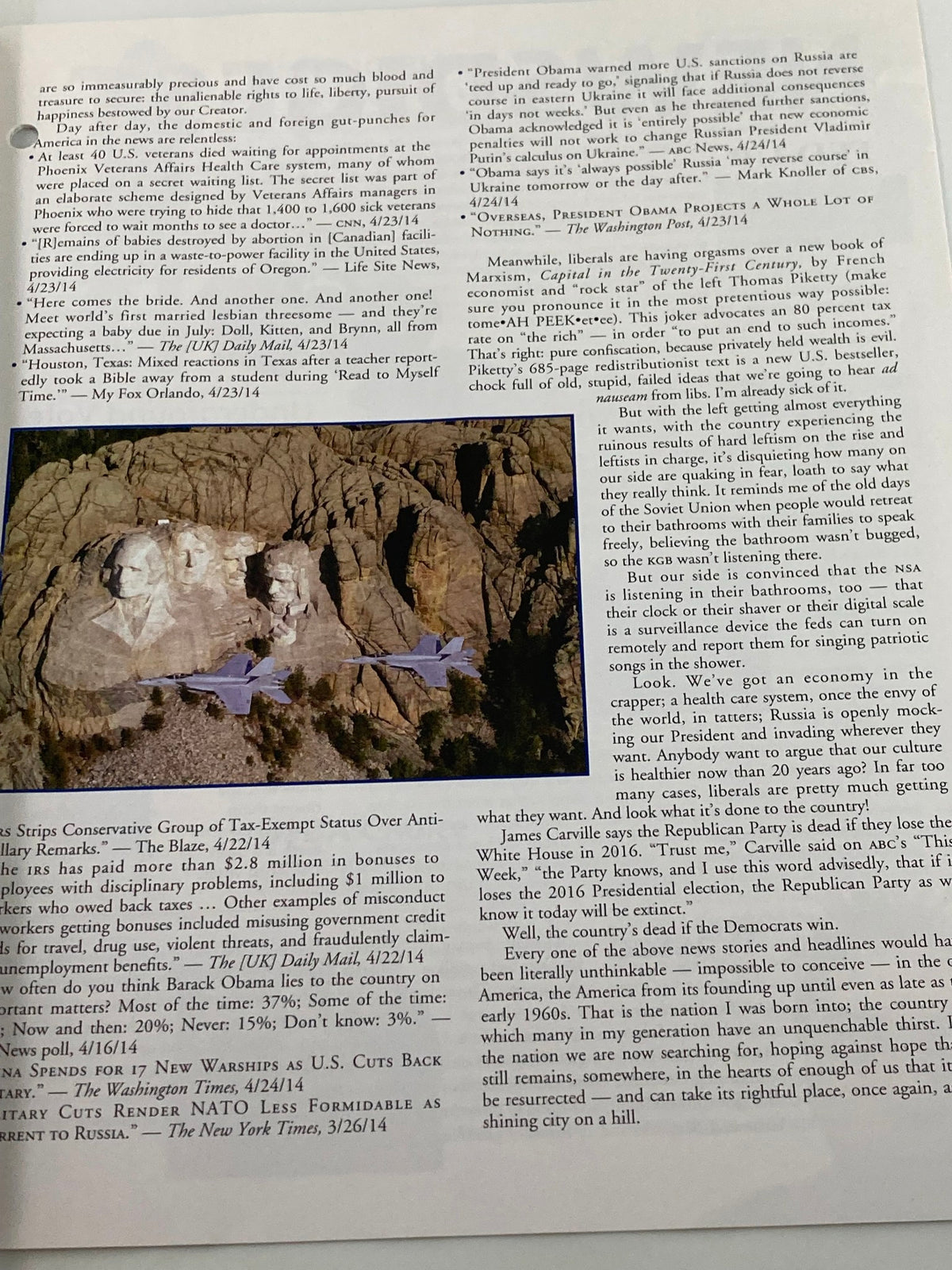 A close-up view of a vintage magazine page from the Rush Limbaugh Letter Newsletter Magazine, May 2014, titled 'Searching for America'. The page contains articles discussing American political events and cultural insights, reflecting the era's discourse.