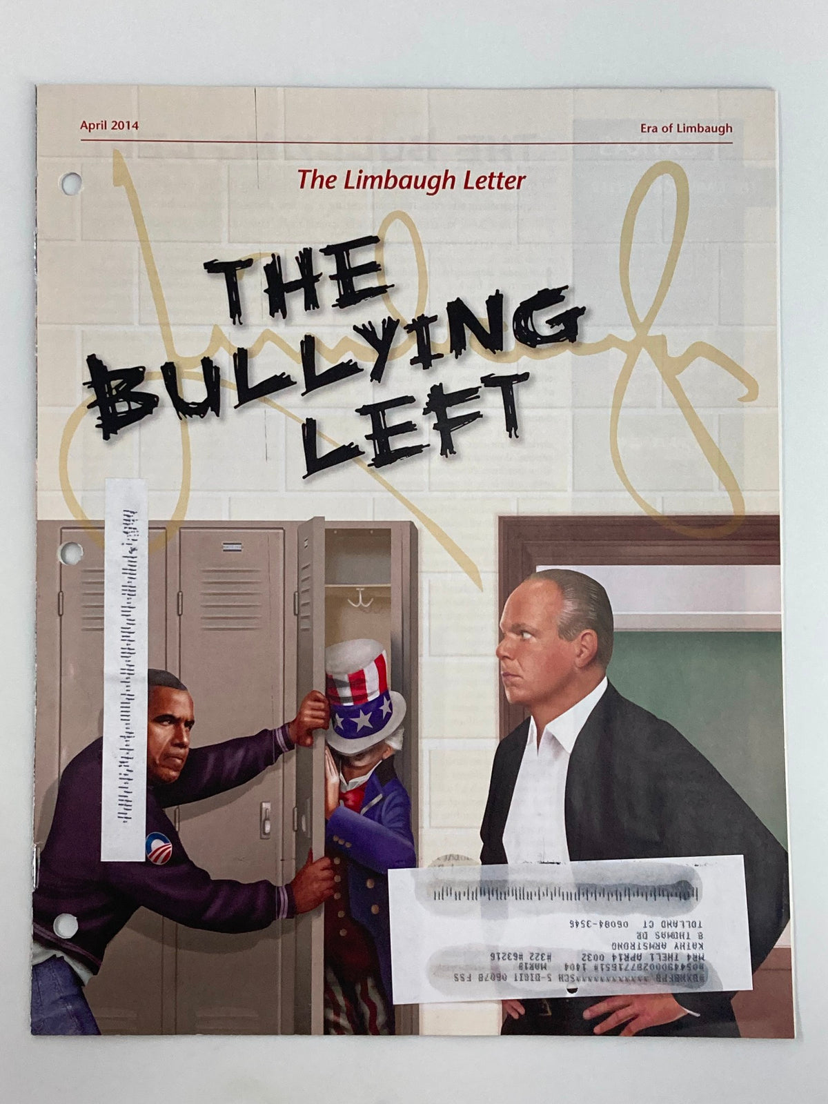 Rush Limbaugh Letter Newsletter Magazine cover from April 2014 titled 'The Bullying Left', featuring a provocative illustration reflecting socio-political themes.