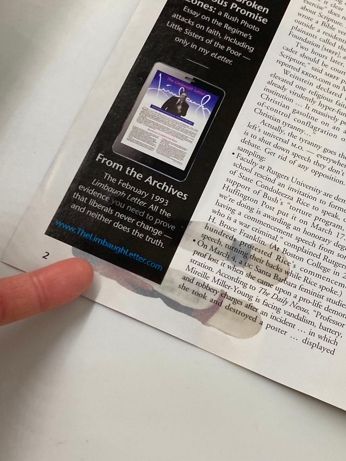 Detail of the Rush Limbaugh Letter Magazine from April 2014, featuring an archived article note highlighting key themes from liberal ideologies.