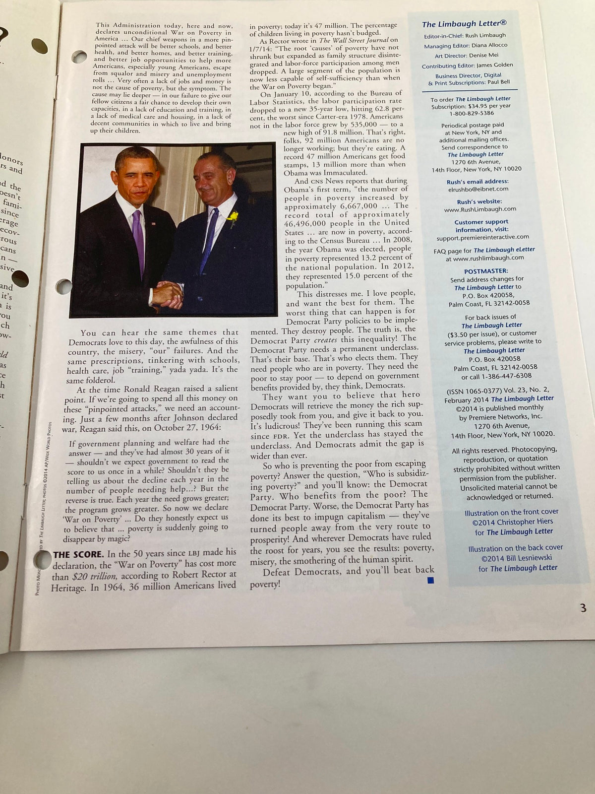 Another internal page of the Rush Limbaugh Letter Newsletter Magazine February 2014, discussing socio-economic commentary with images, part of the issue 'Who's Keeping The Poor Poor?'.
