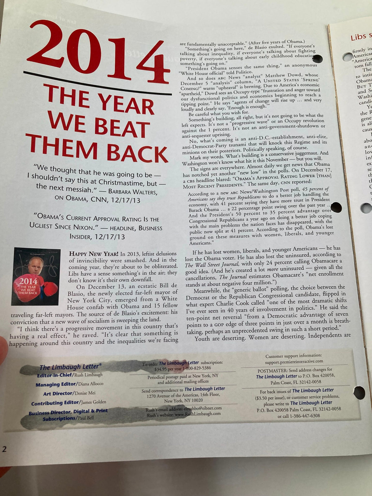 Inside page of Rush Limbaugh Letter Newsletter Magazine January 2014 showcasing political commentary titled 'The Year We Beat Them Back'.
