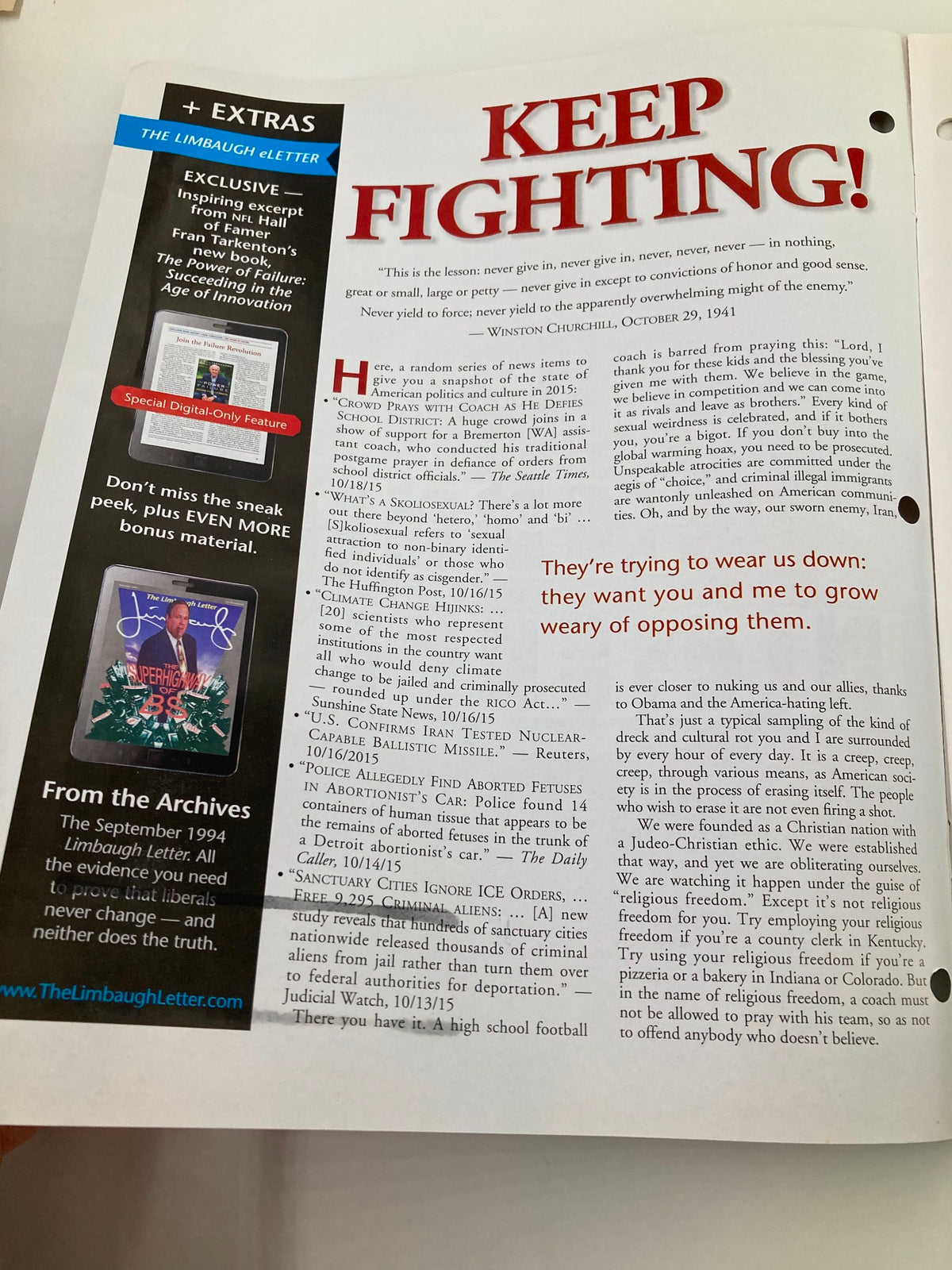 Interior page of the Rush Limbaugh Letter Newsletter Magazine November 2015 Keep Fighting with an article titled 'Keep Fighting!' highlighting political commentary.