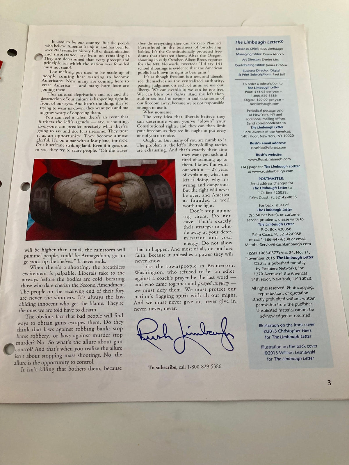 Third page of the Rush Limbaugh Letter Newsletter Magazine November 2015 Keep Fighting showing political commentary and subscription details.