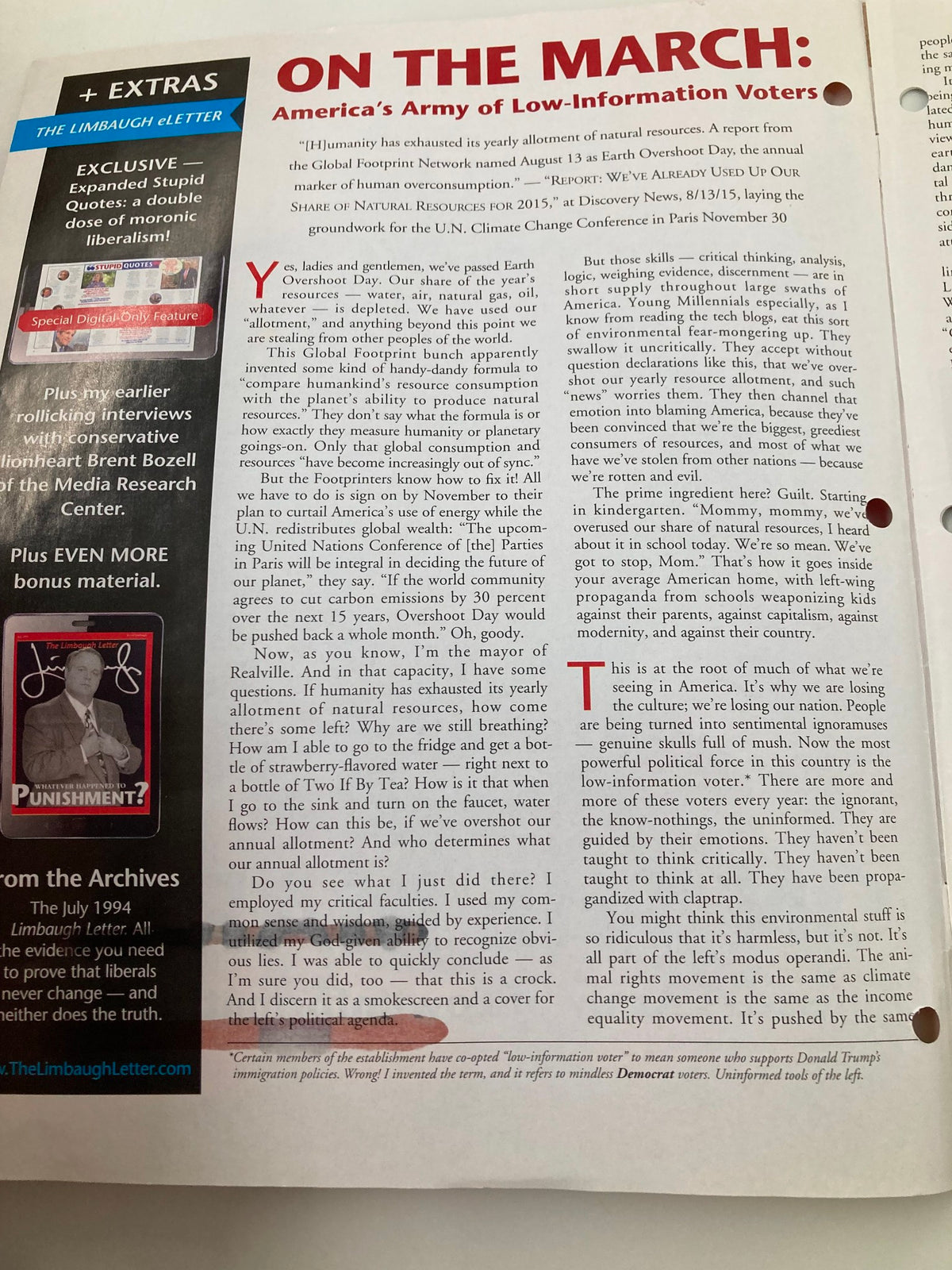 Inside page of the Rush Limbaugh Letter Newsletter Magazine from September 2015, showcasing an article titled 'America's Army of Low-Information Voters' with text highlighting political insights and commentary.