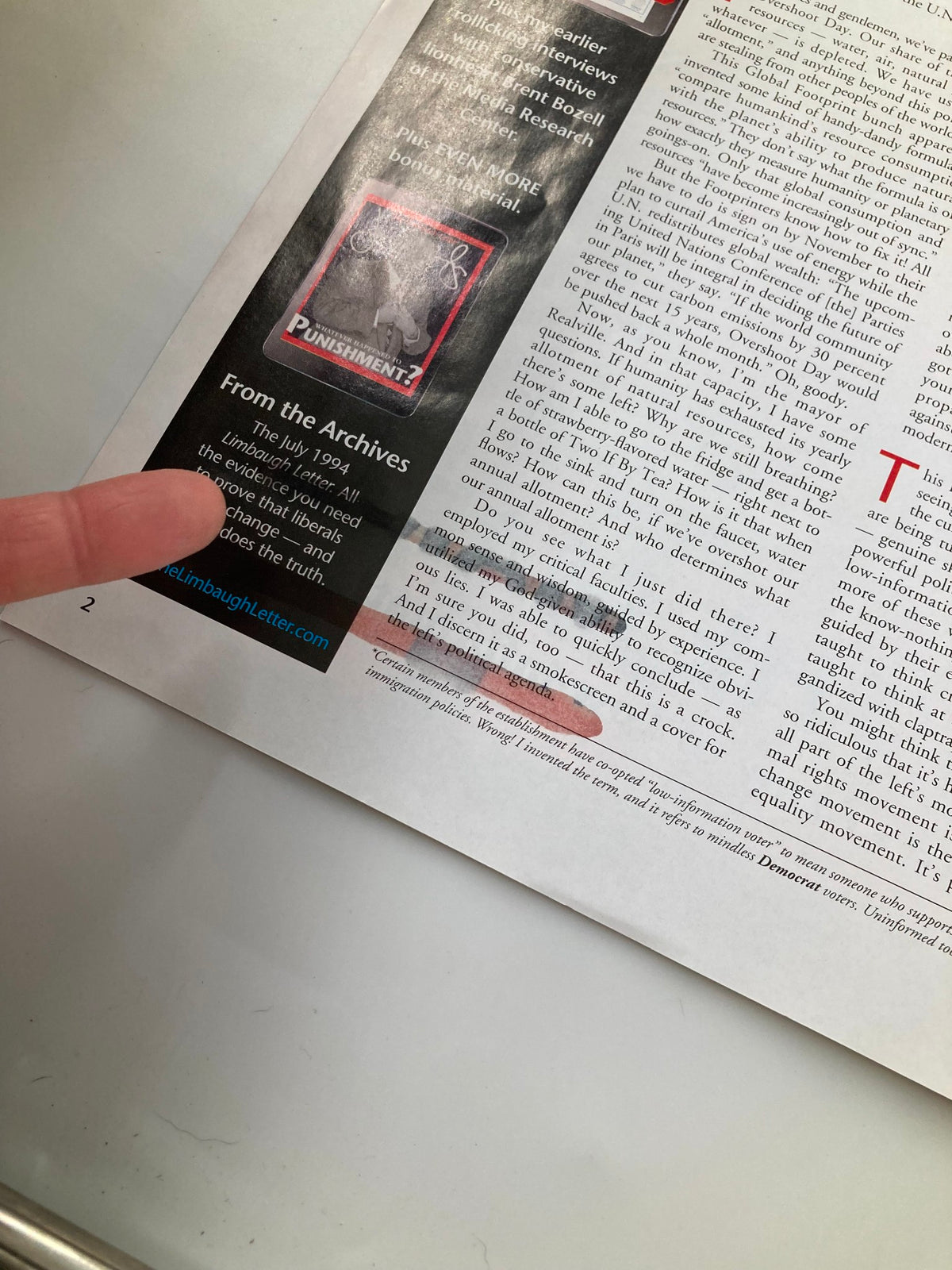 Page detail from Rush Limbaugh Letter Newsletter Magazine September 2015, featuring commentary and sections from the archives highlighting political discourse.