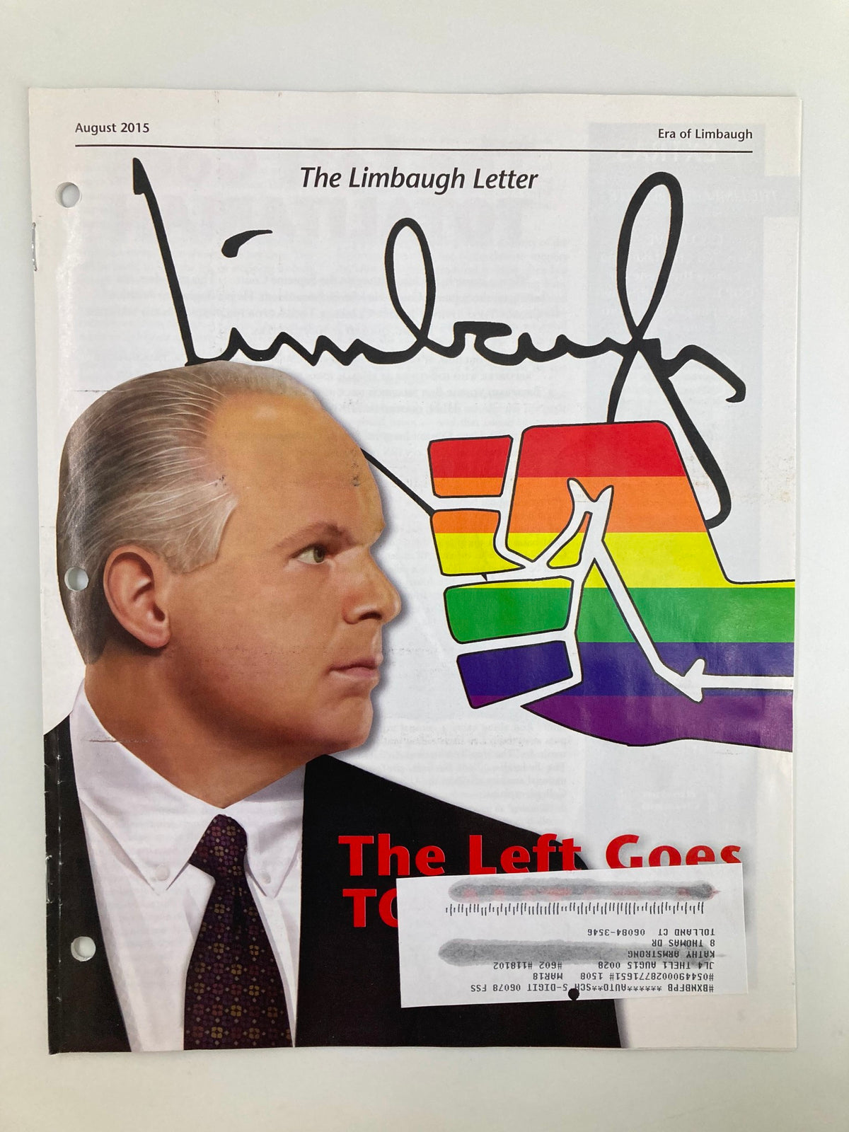 Rush Limbaugh Letters Newsletter Magazine August 2015 cover titled 'The Left Goes Totalitarian', featuring an image of Rush Limbaugh and a rainbow flag illustration.