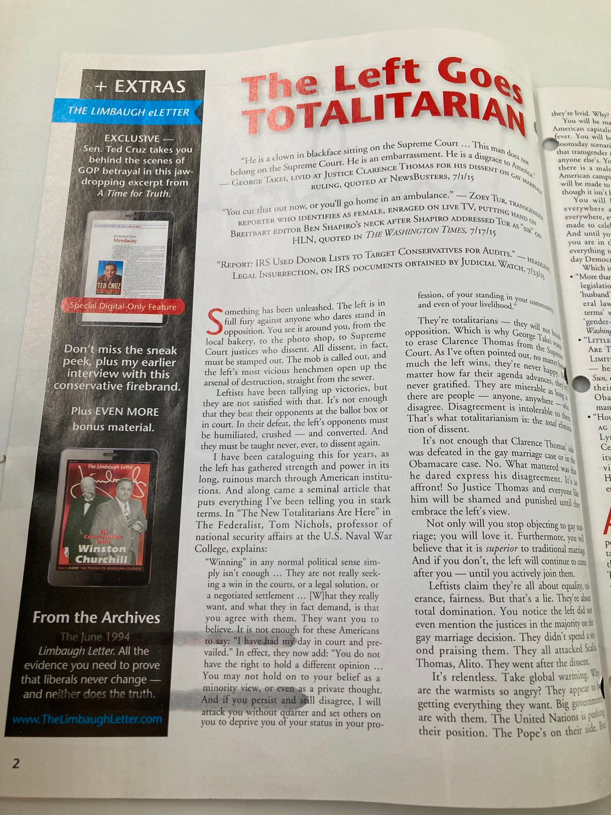 Interior page of Rush Limbaugh Letters Newsletter Magazine August 2015, showcasing the article 'The Left Goes Totalitarian', with related advertisements and text.