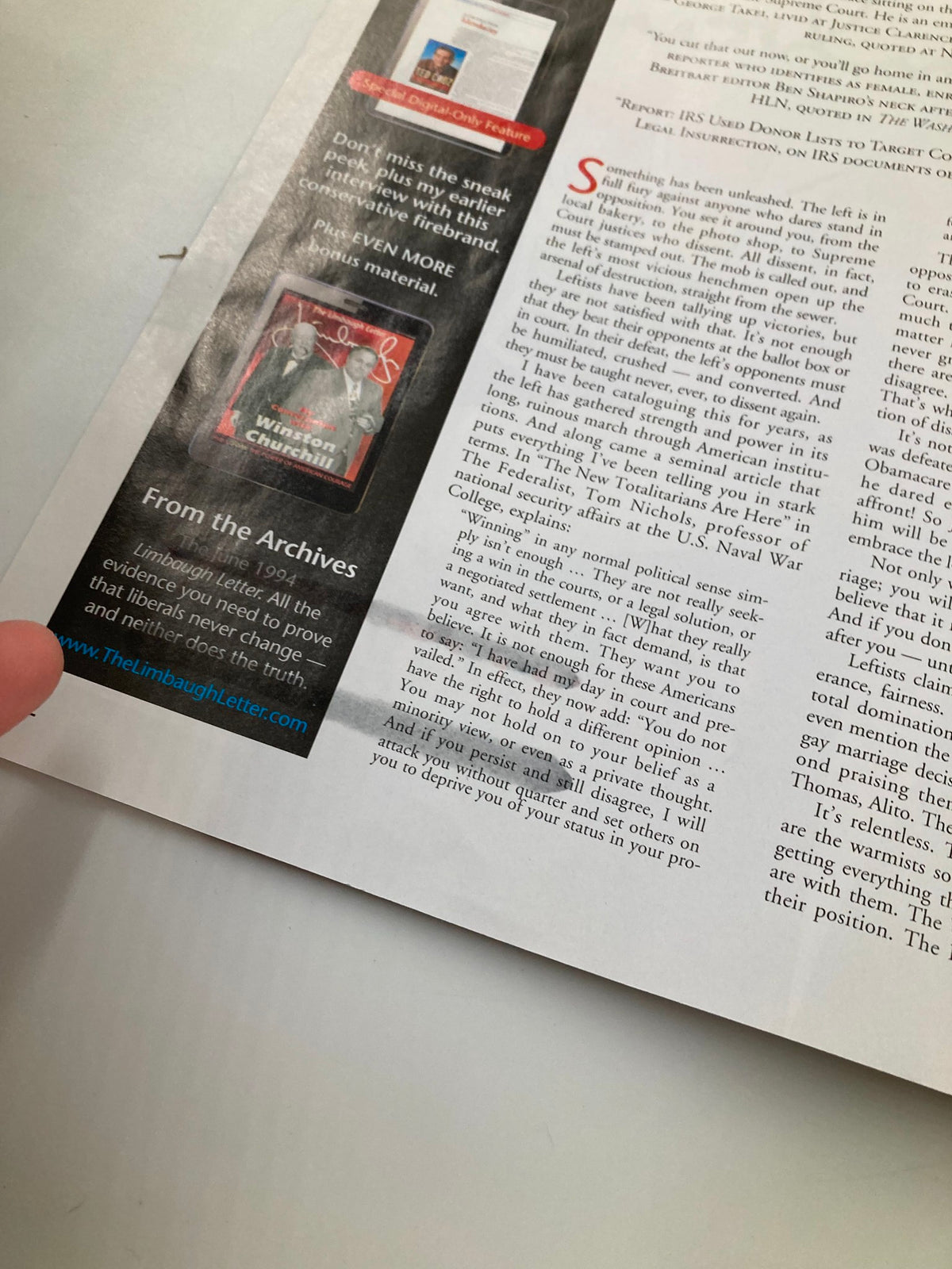 Close-up view of an interior page from Rush Limbaugh Letters Newsletter Magazine August 2015, discussing the article 'The Left Goes Totalitarian' and featuring text excerpts and advertisements.
