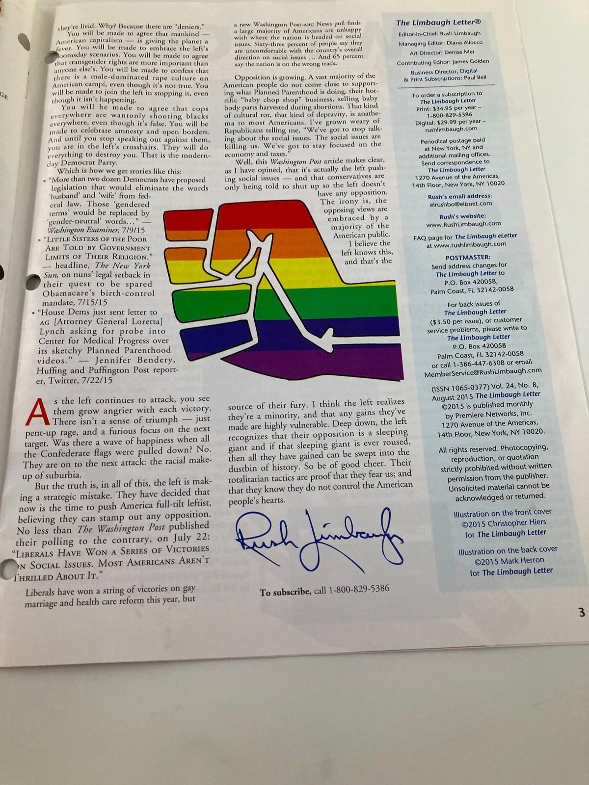 Rush Limbaugh Letters Newsletter Magazine August 2015, featuring political commentary and a signature, highlighting the theme 'The Left Goes Totalitarian'.