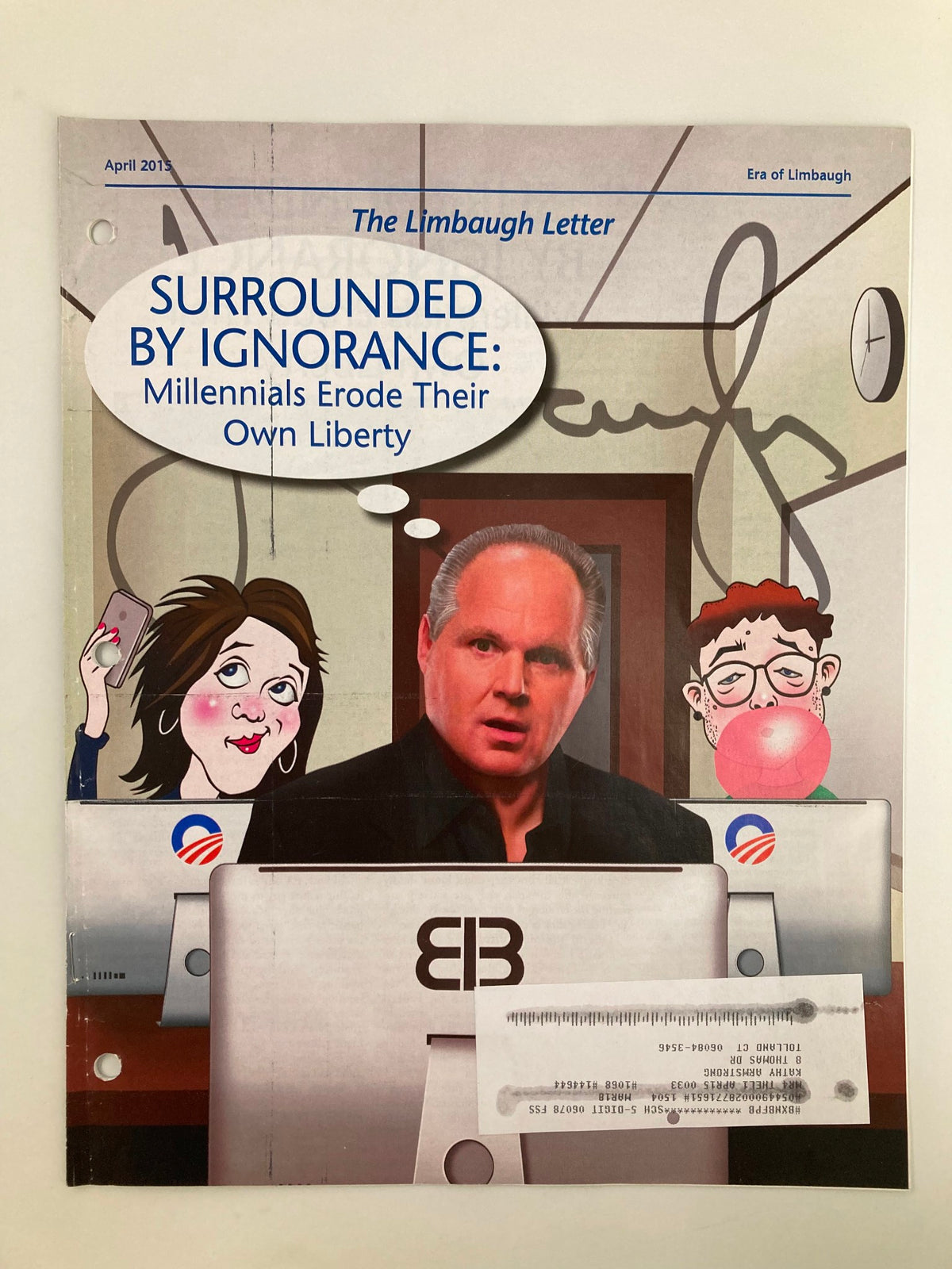 Cover of the Rush Limbaugh Letter Newsletter Magazine from April 2015 titled 'Surrounded by Ignorance: Millennials Erode Their Own Liberty' featuring a cartoon illustration with Rush Limbaugh in a studio setting and commentary on political discourse.
