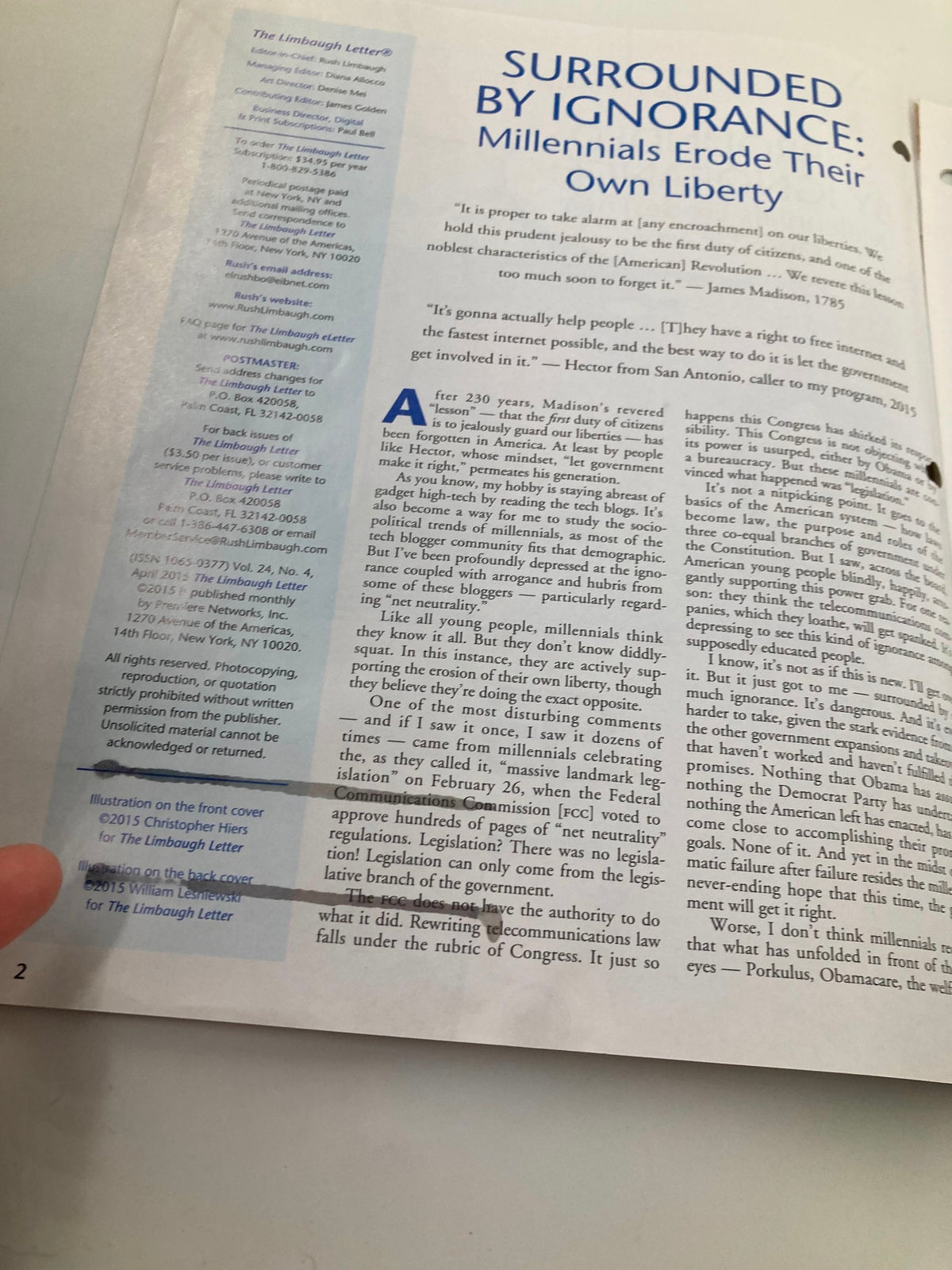 Interior page of the Rush Limbaugh Letter Newsletter Magazine April 2015 titled 'Surrounded by Ignorance', displaying an article discussing millennials and their understanding of liberty.