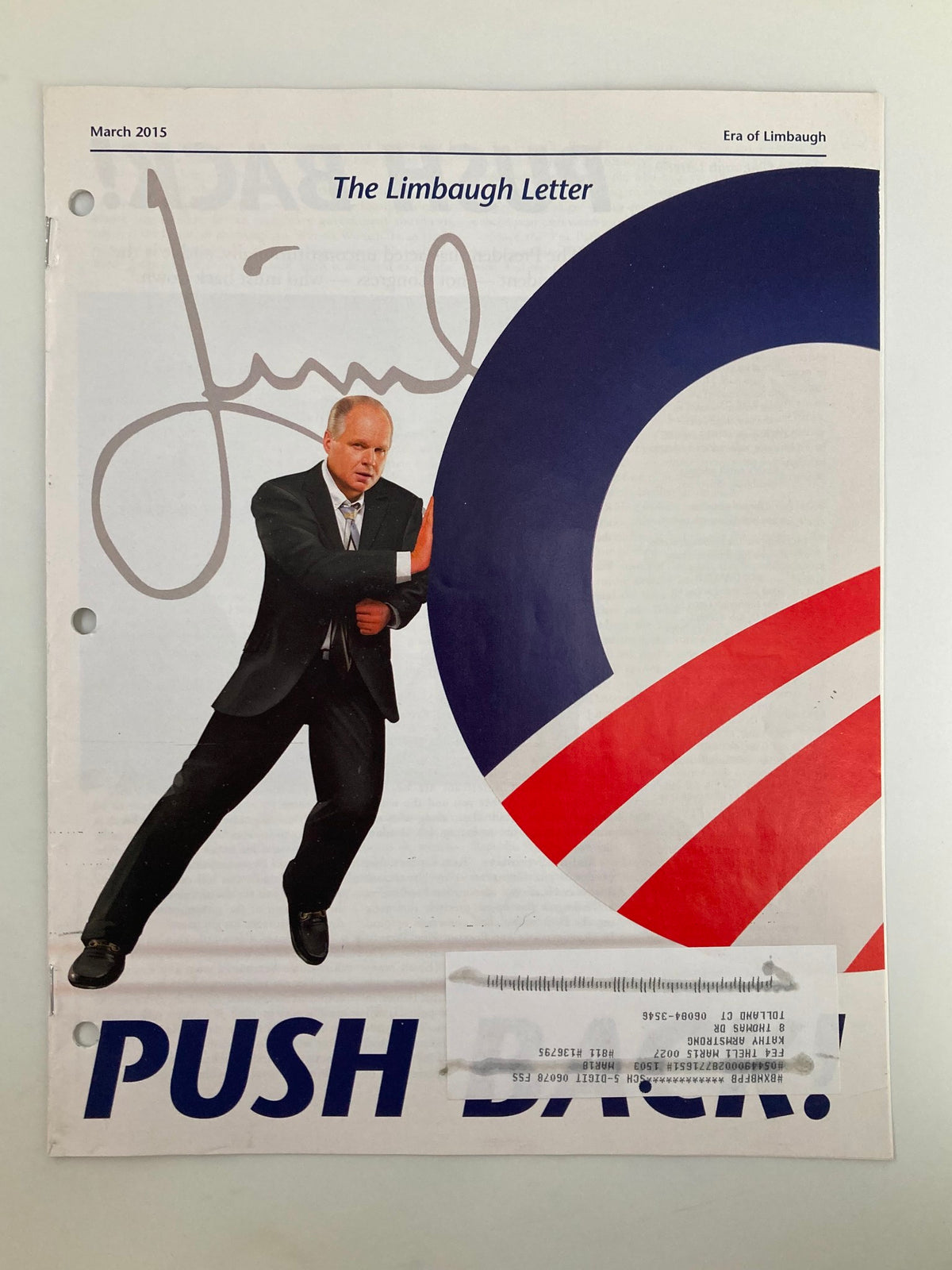 Cover of the Rush Limbaugh Letter Newsletter for March 2015, featuring a political cartoon of Rush Limbaugh and a bold 'PUSH BACK!' headline.