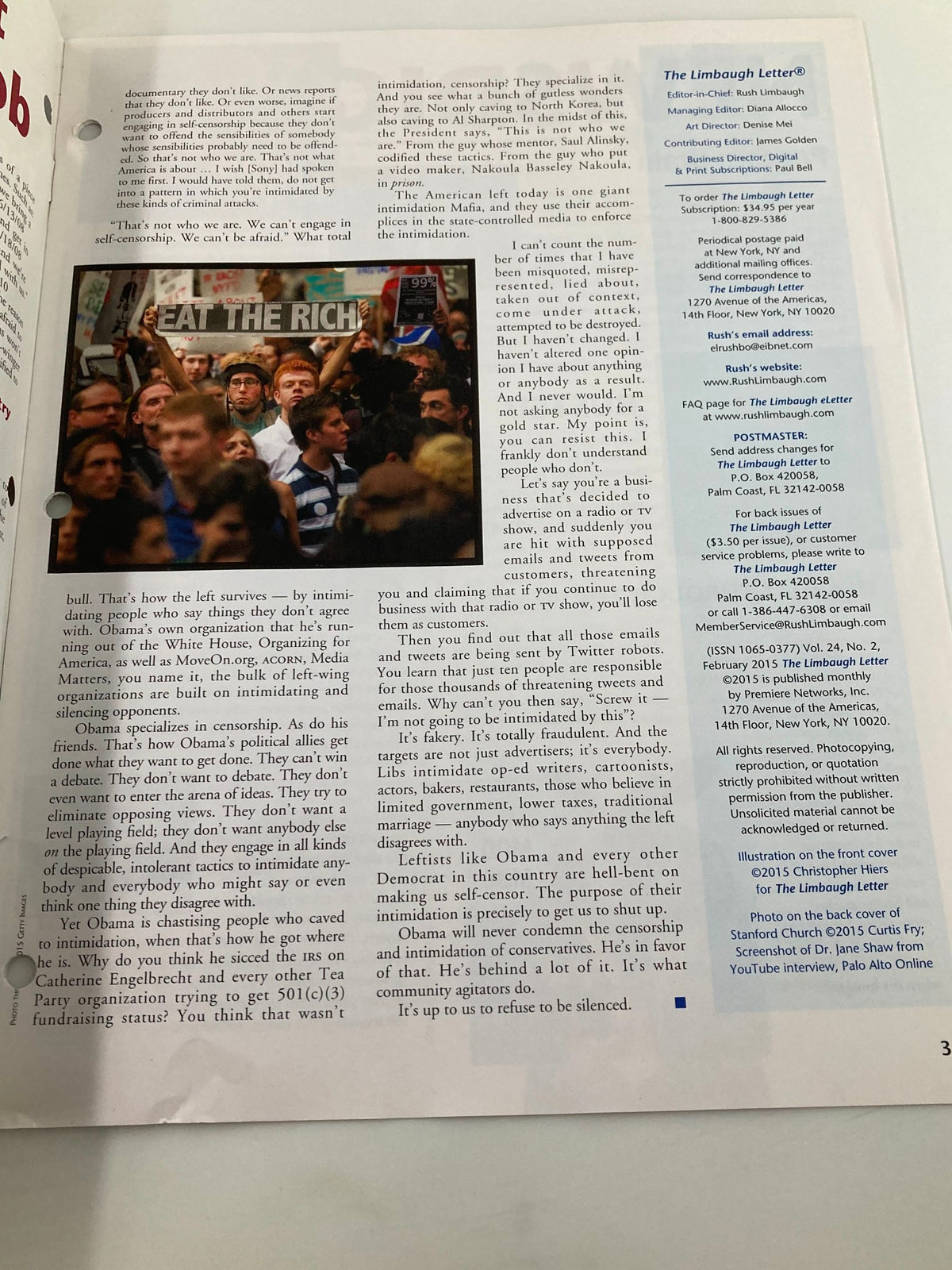 Another interior page of Rush Limbaugh Letter Newsletter Magazine February 2015, continuing the discussion on societal issues and the influence of leftist movements.