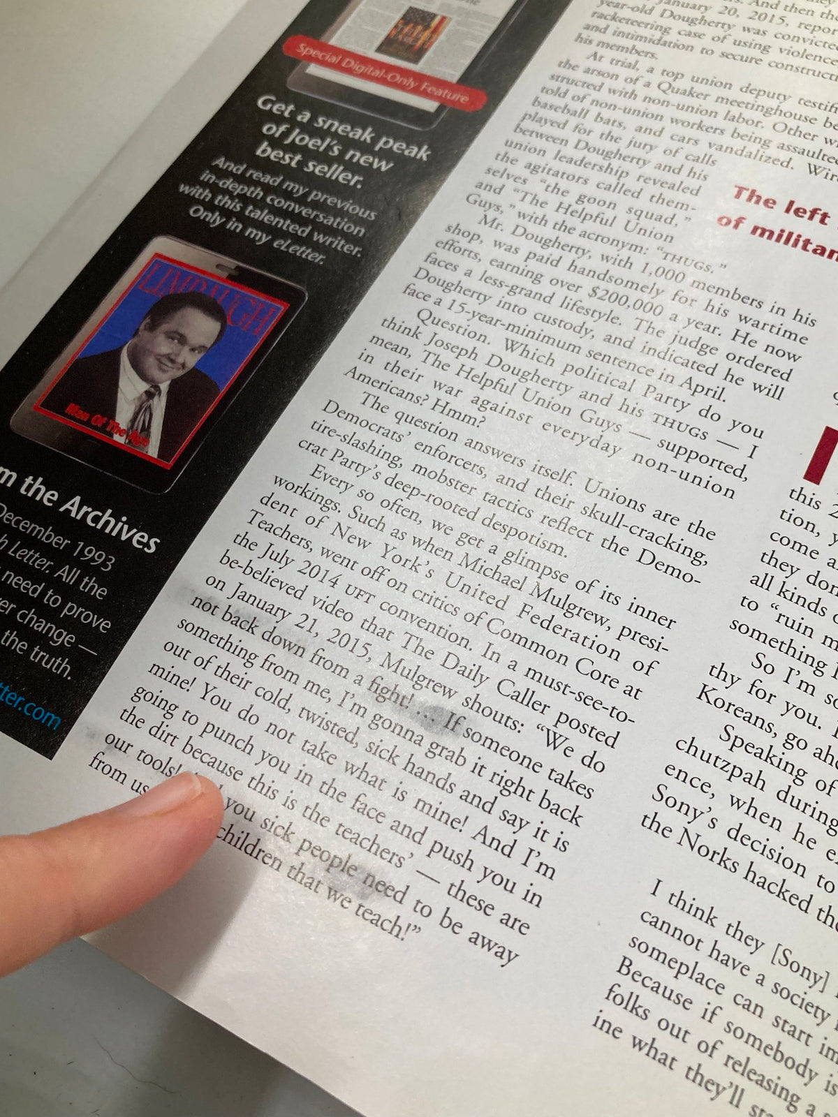 Close-up of text from Rush Limbaugh Letter Newsletter Magazine February 2015, highlighting key points from the article 'The Left: A Giant Intimidating Mob'.