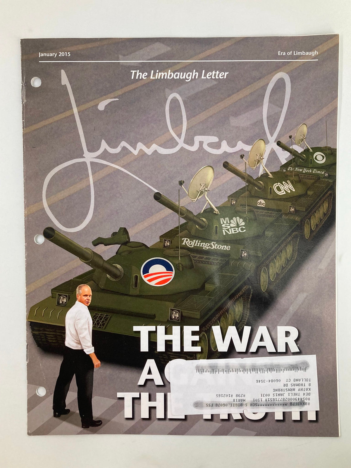 Cover of the Rush Limbaugh Letter Newsletter Magazine January 2015 featuring the title 'THE WAR AGAINST THE TRUTH' with a tank adorned with media logos.