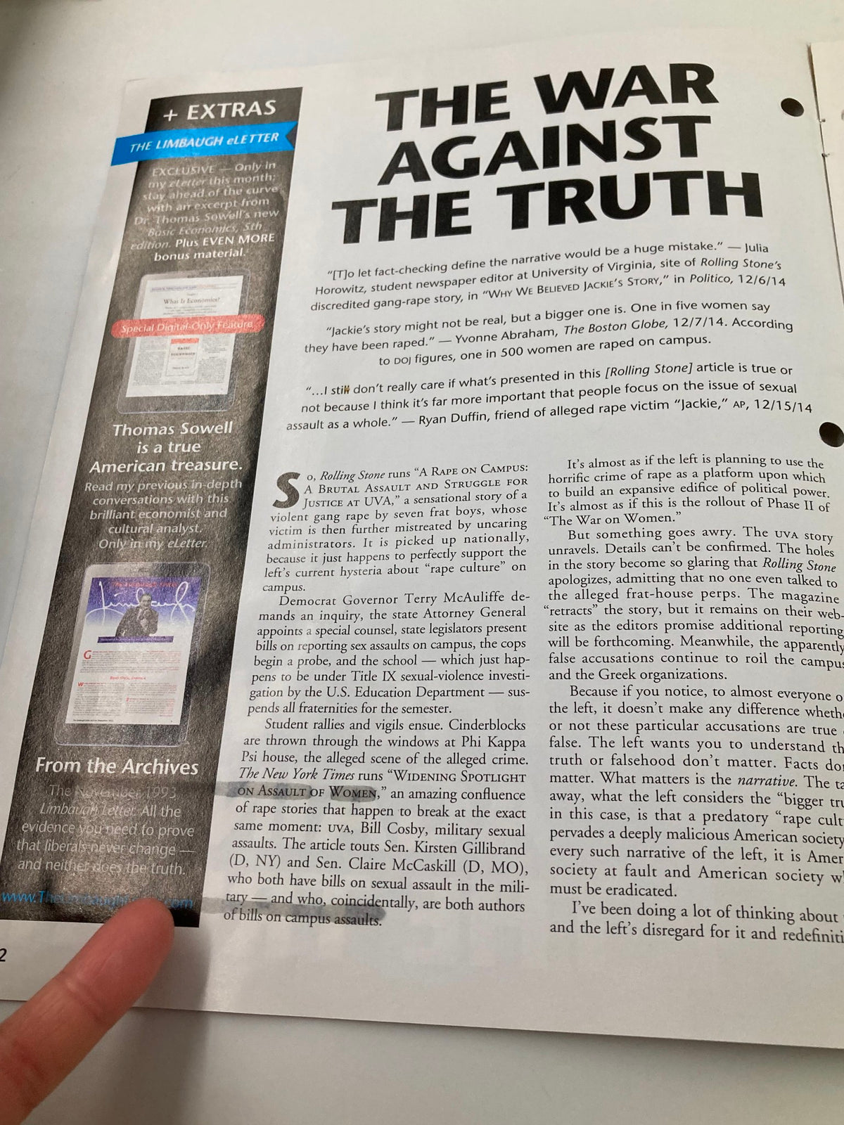 Interior page from the Rush Limbaugh Letter Newsletter Magazine January 2015 discussing 'THE WAR AGAINST THE TRUTH' with highlighted text and images.