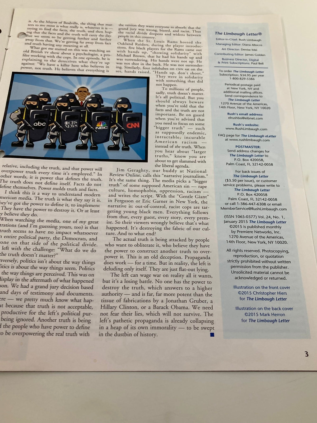 Another interior page from the Rush Limbaugh Letter Newsletter Magazine January 2015 featuring commentary on media credibility and the theme 'THE WAR AGAINST THE TRUTH'.