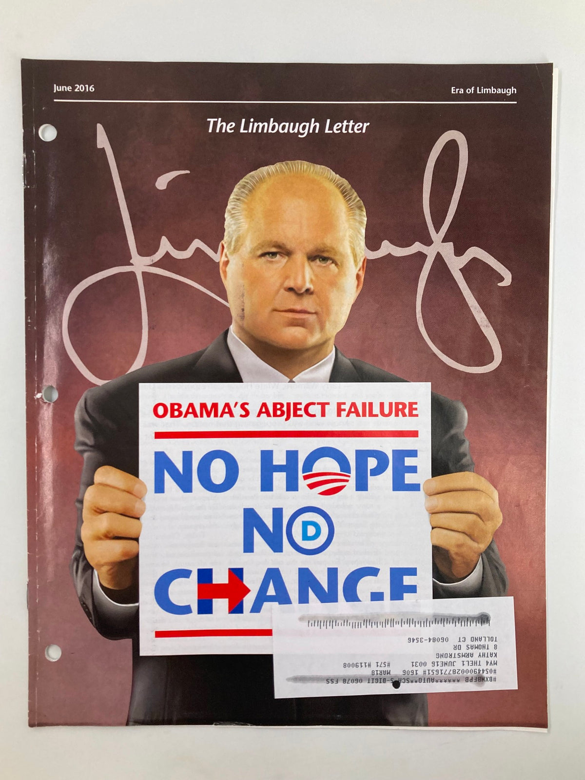 Cover of July 2016 Rush Limbaugh Letter Magazine featuring a bold message 'Obama's Abject Failure: No Hope No Change' with a background image of Rush Limbaugh, suitable for collectors and political discourse enthusiasts.