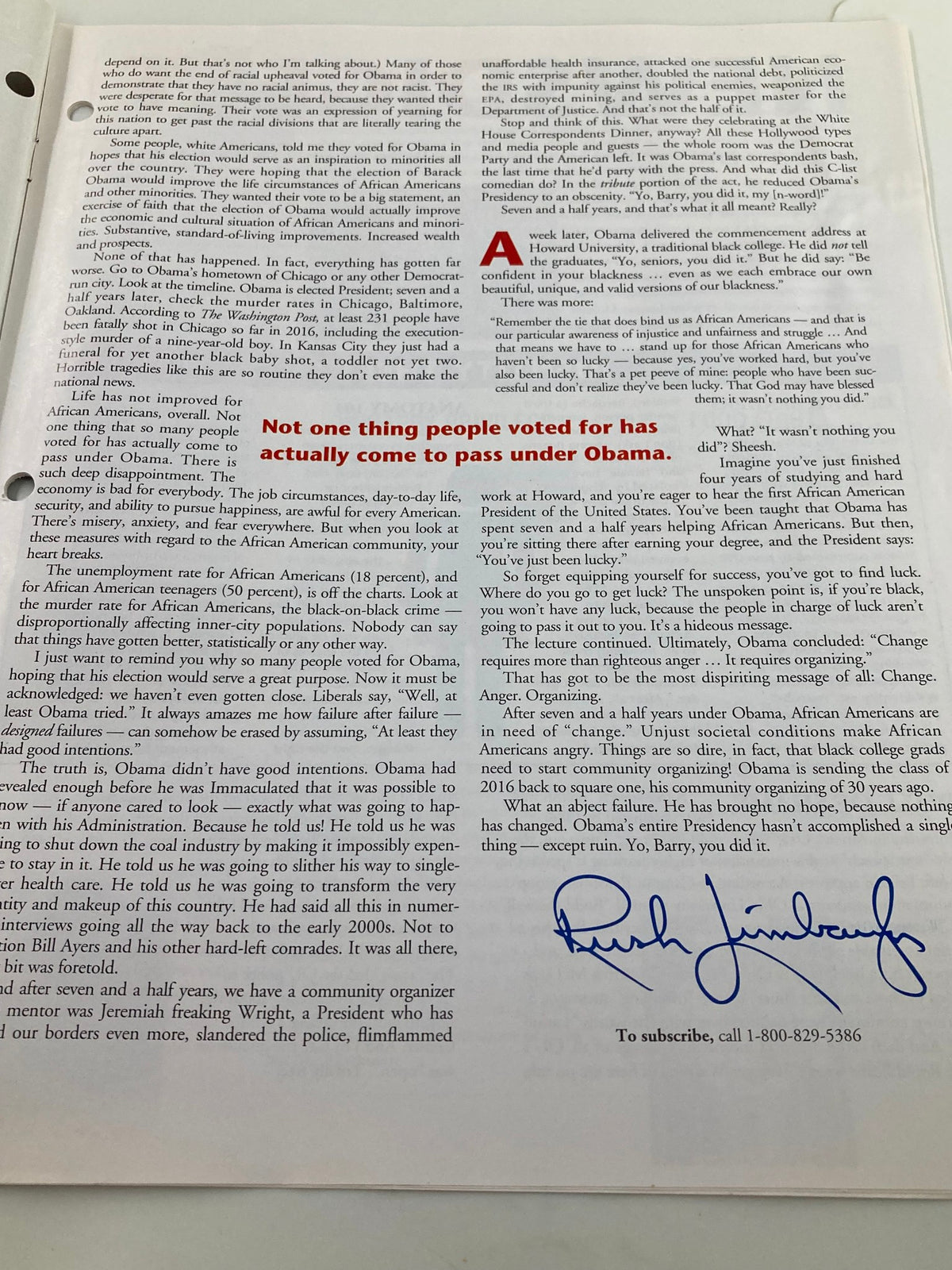 Image from the Rush Limbaugh Letter Newsletter Magazine June 2016 discussing key events and societal attitudes during Barack Obama's presidency, featuring commentary and analysis by Rush Limbaugh.