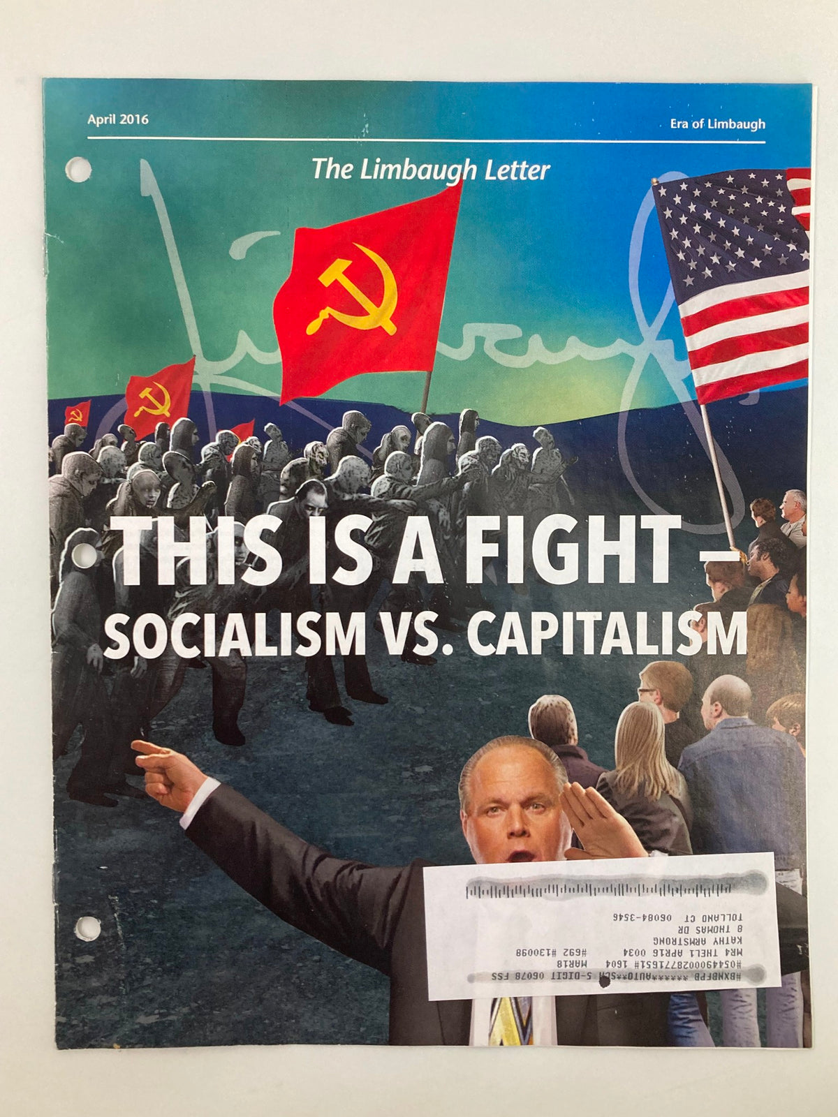 Cover of the Rush Limbaugh Letter Newsletter Magazine April 2016 featuring a bold graphic announcement of 'This is a Fight: Socialism vs. Capitalism' with imagery of political figures and flags, reflecting key ideological debates.