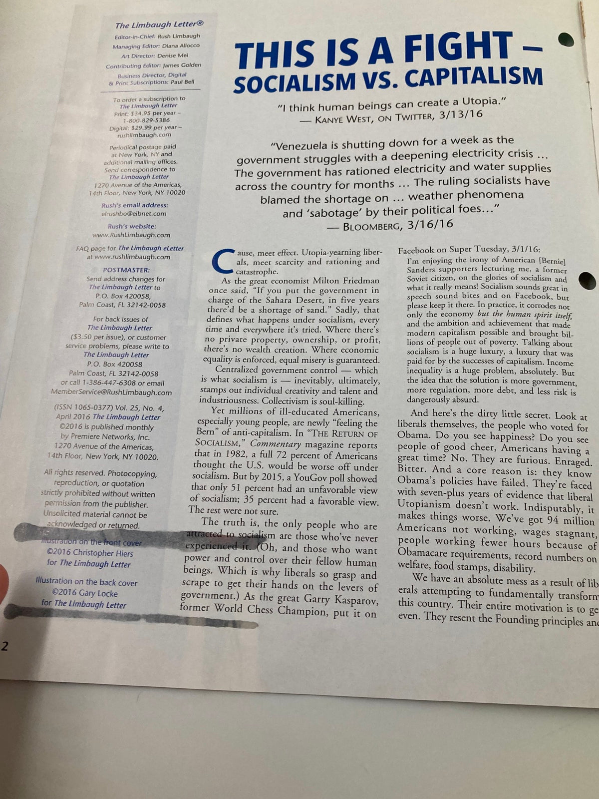 Page from Rush Limbaugh Letter Newsletter Magazine April 2016 discussing Socialism vs. Capitalism, featuring quotes and critiques on economic ideologies.