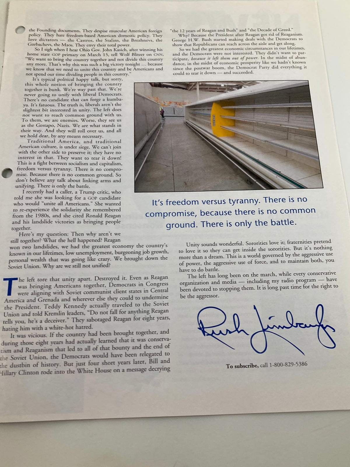 Another page from Rush Limbaugh Letter Newsletter Magazine April 2016, highlighting the ideological struggle between socialism and capitalism, accompanied by a signature from Rush Limbaugh.