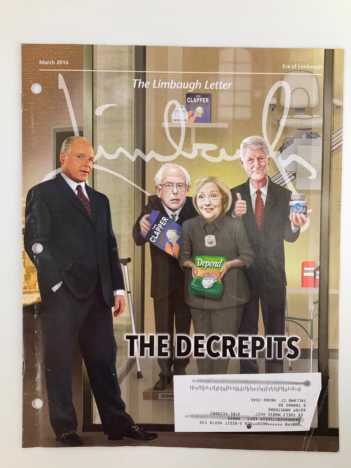 Rush Limbaugh Letter Newsletter Magazine March 2016 cover featuring political figures including Hillary Clinton and Bernie Sanders, with the title 'THE DECREPITS' displayed prominently.