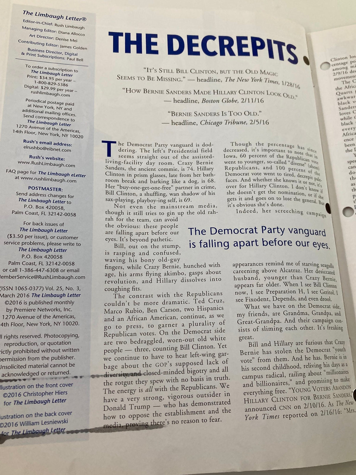 Rush Limbaugh Letter Newsletter Magazine March 2016 Decrepits page showcasing political commentary on Hillary Clinton and Bernie Sanders, highlighting the evolving Democratic Party dynamics.