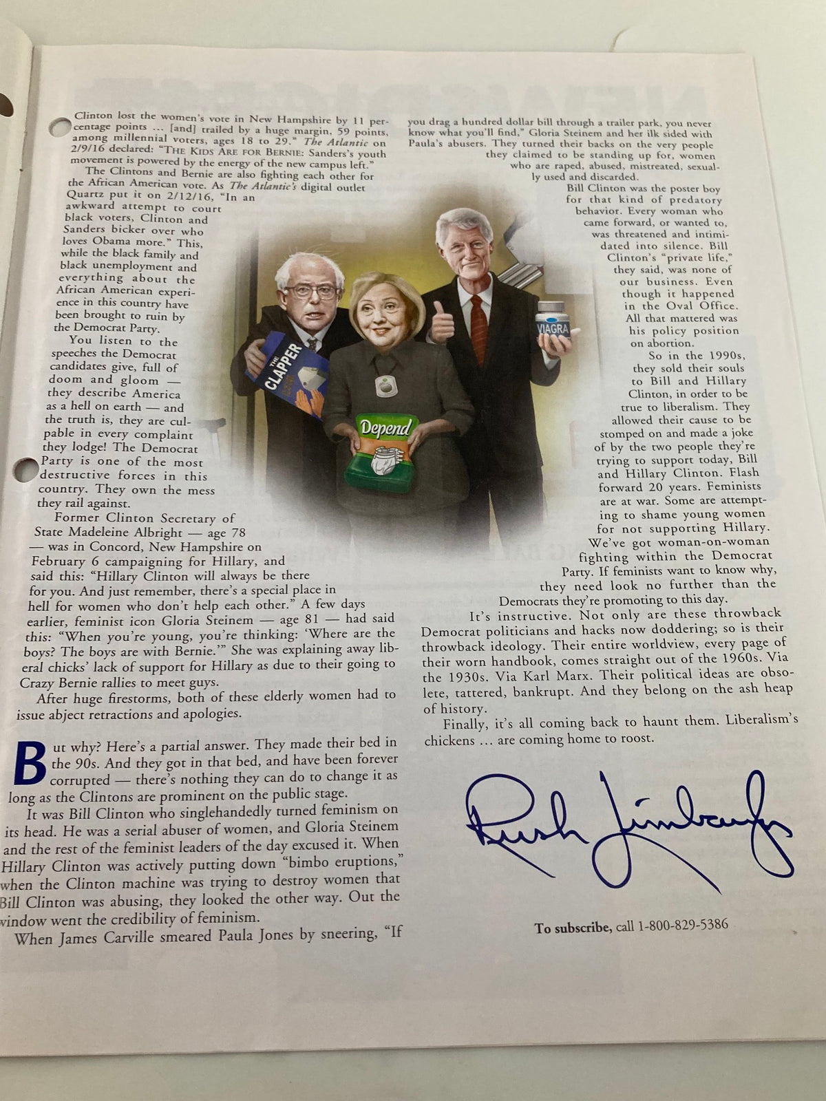 Rush Limbaugh Letter Newsletter Magazine March 2016 Decrepits page featuring a political cartoon with Bernie Sanders and Hillary Clinton, reflecting the humor and observations on the 2016 presidential election.