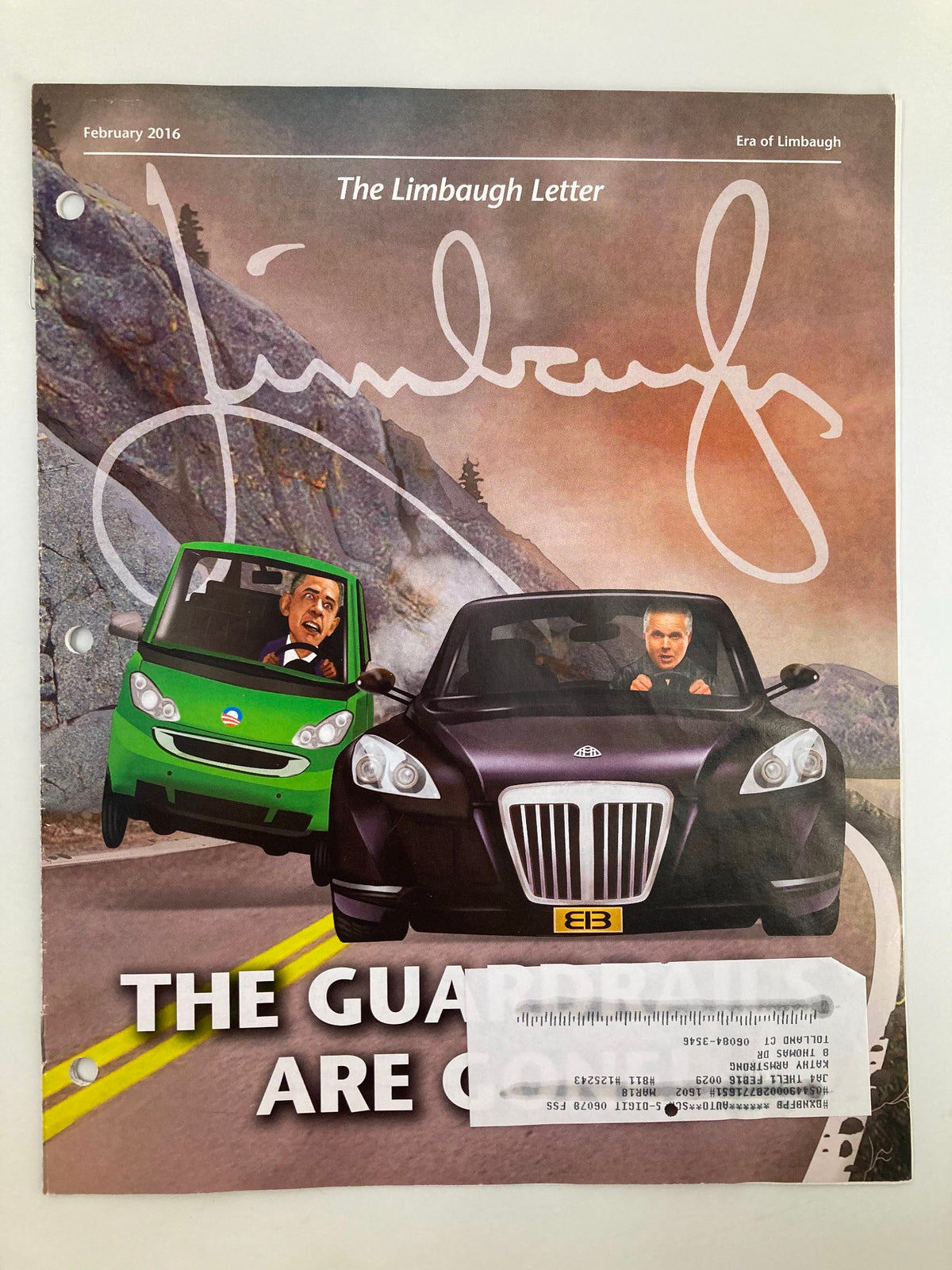 Rush Limbaugh Letter Newsletter Magazine February 2016 cover with the title 'The Guardrails Are Gone', featuring an artistic depiction of two vehicles, one green and one black, symbolizing political commentary.